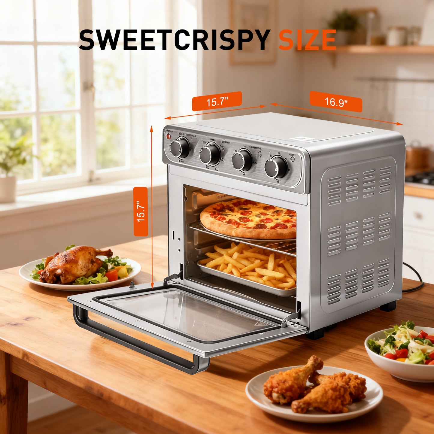 26.4QT Air Fryer 4-in-1 Convection Oven Countertop Stainless Steel Large Capacity 450°F High Temperature 4 Accessories