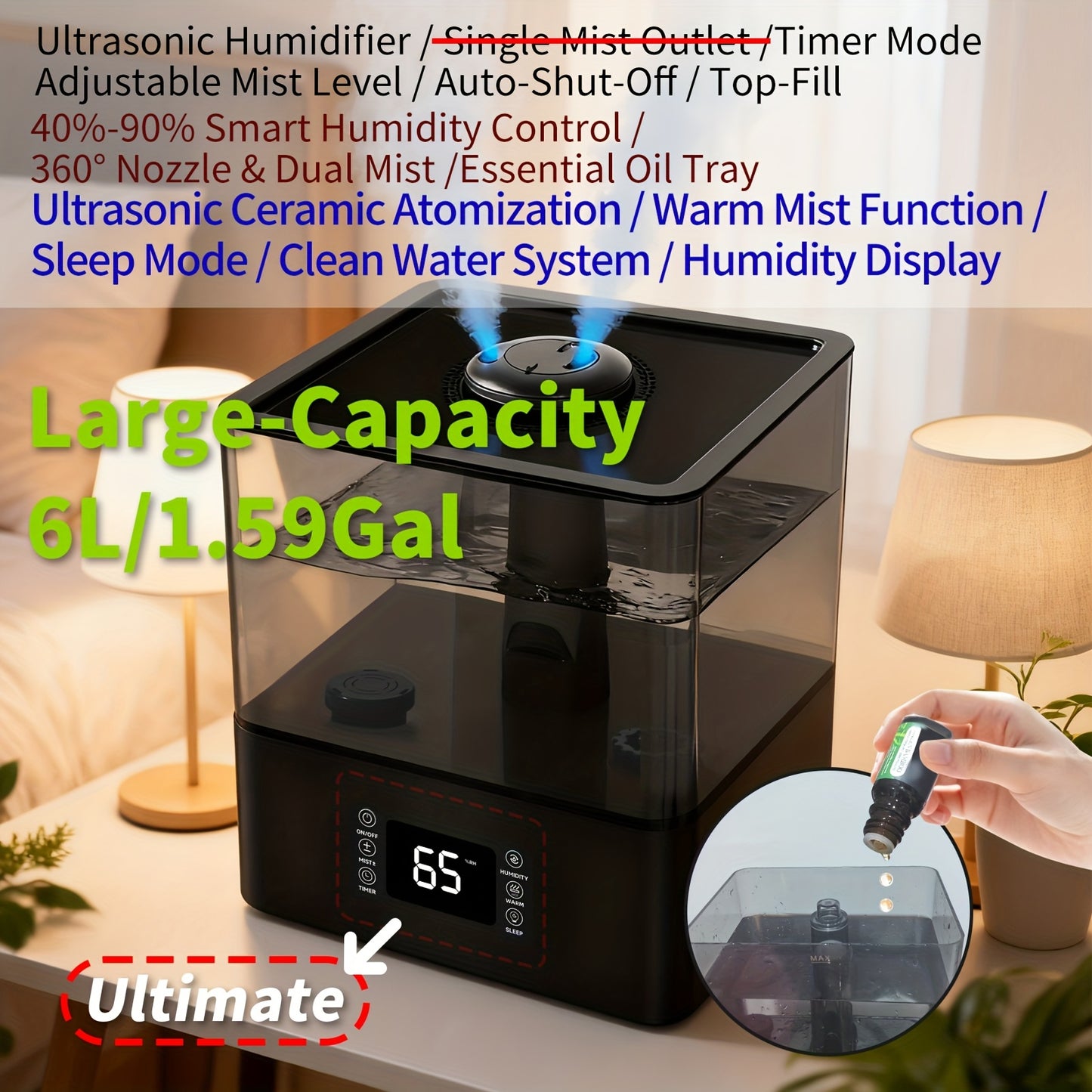 Humidifier: 1.85Gal/7L Humidifiers for Home, Humidifiers for Bedroom / Baby / Plants/Office, Luxury Large-Capacity Aroma System for Whole-Home Fragrance. Humidity Control Display Diffuser: Top-Fill, 360° Nozzle & Dual Mist,