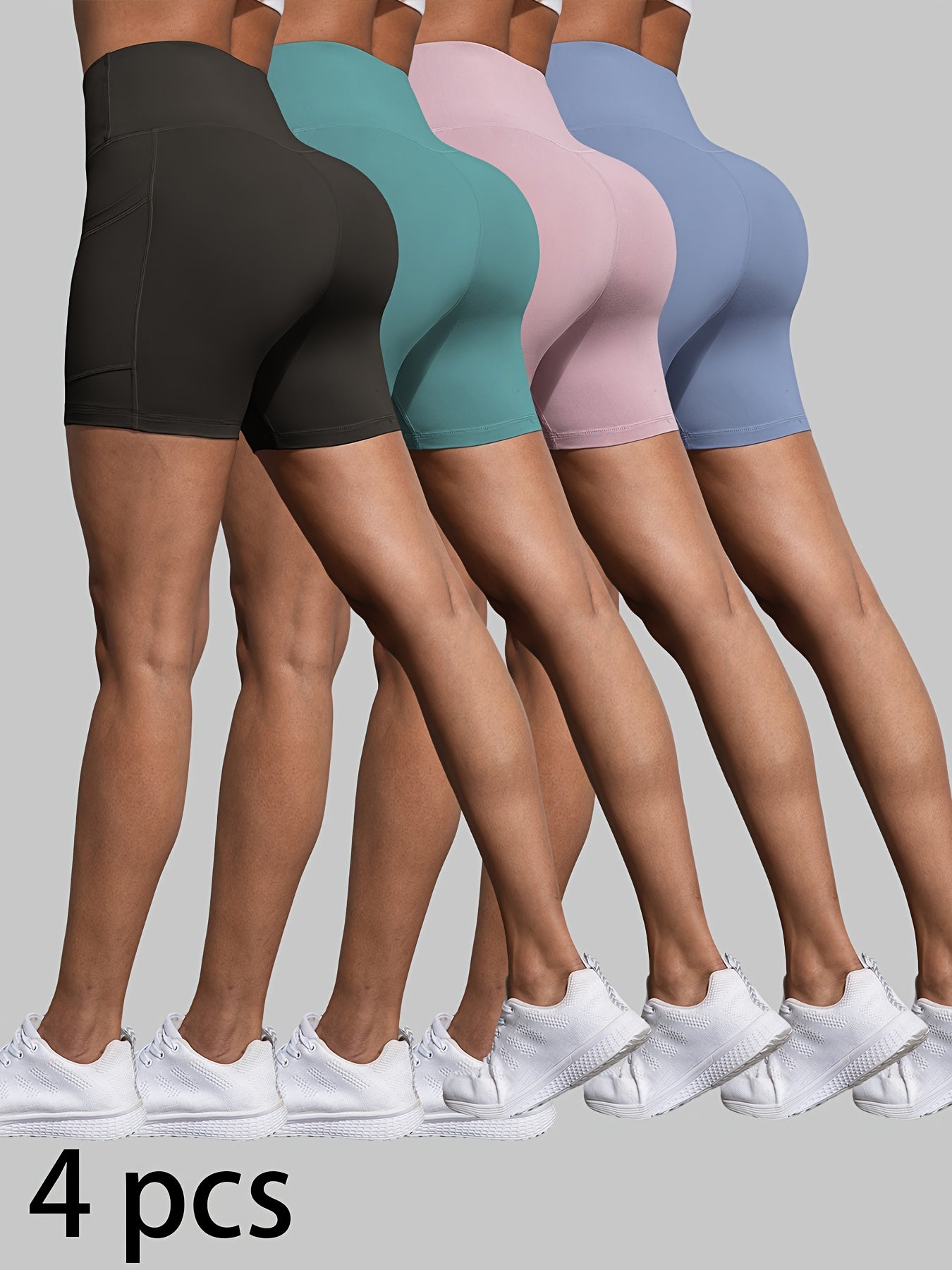 4 Pack Biker Shorts for Women with Pockets, 5" High Waisted Tummy Control Workout Yoga Running Gym Tennis Shorts