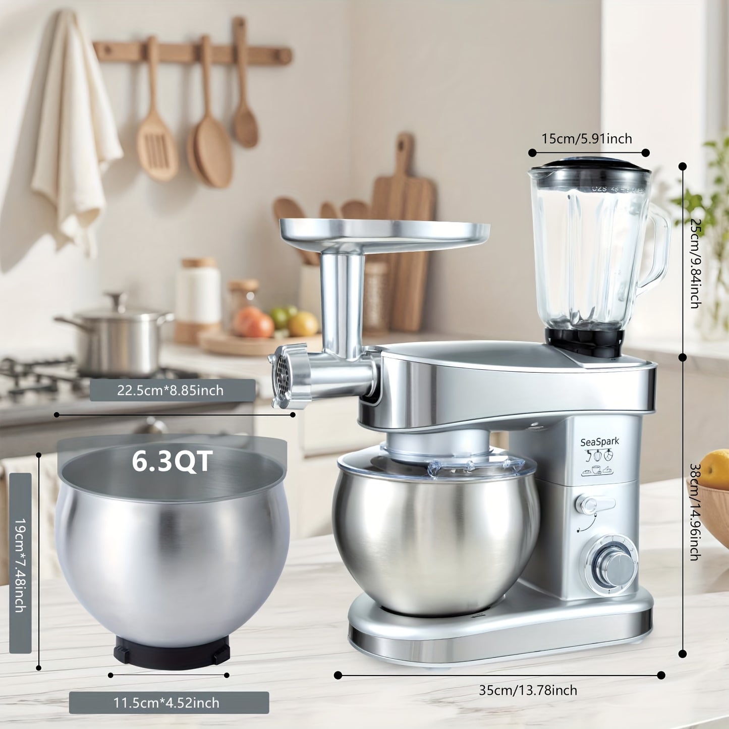 6-in-1 Electric Vertical Mixer, 400W 6-speed with Pulse Button, Accessories with 6.3QT Stainless Steel Bowl, Mixer, Dough Hook, Egg Beater, Spatula, Juicer Accessories, Meat Grinder Accessories and Noodle Pressing Accessories