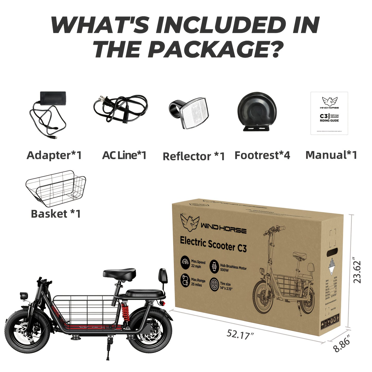WINDHORSE Electric Scooter With Seat And Basket Dual Suspension