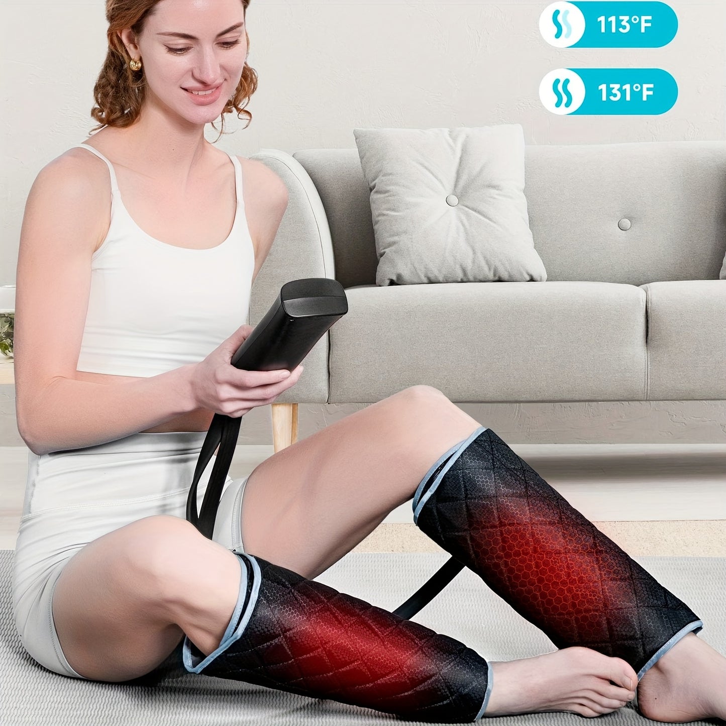 ALLJOY Leg Massager Designed to Enhance Circulation, Featuring Air Compression for The Calves with Six Different Modes, Two Heating Settings, And Three Vibration Options. It Includes Adjustable Wraps And an Automatic Shut-Off