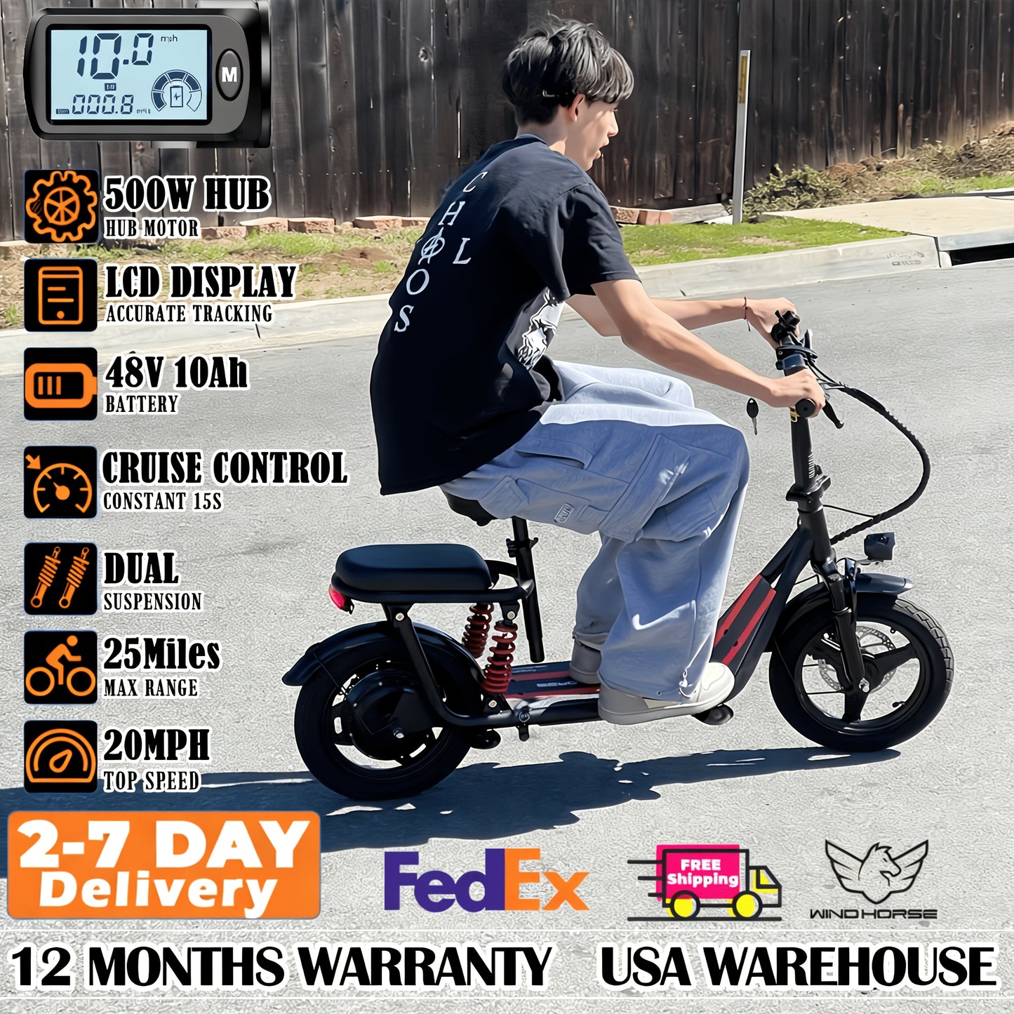 2-Seater Electric Scooter | 500W High-Speed Motor, 20MPH Top Speed, 25-Mile Range, 330LBS Load Capacity, Dual Suspension, LCD Display, 3-Speed Modes, Folding Design, Includes Free Basket, Adjustable Handlebar Height, Carbon S