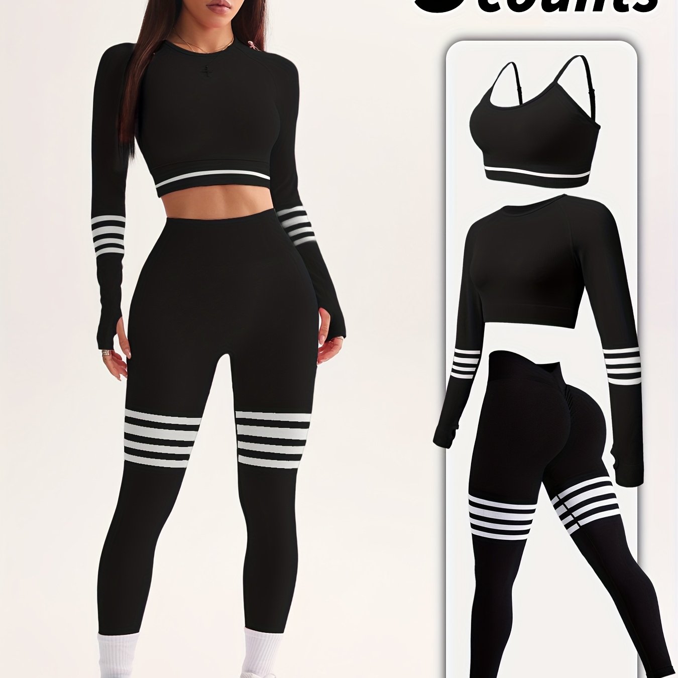 3pcs Women's Full Athletic Set - Seamless Striped Quick-Dry Sports Bra, Tight-Fitting Long Sleeve Gym Pants with Moai Panel Technology | High-Elasticity Moisture-Wicking Fabric for Running, Gymnastics, Training Outfit (All-Se