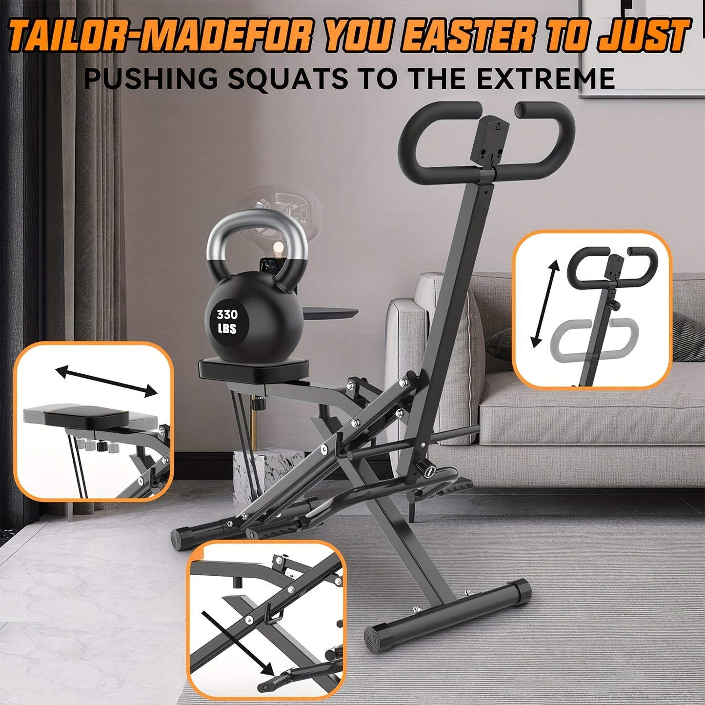 Squat Machine for Home Foldable Exercise Equipment Squat Rowing Machine with 3 HighStrength Resistance Band, Without Battery