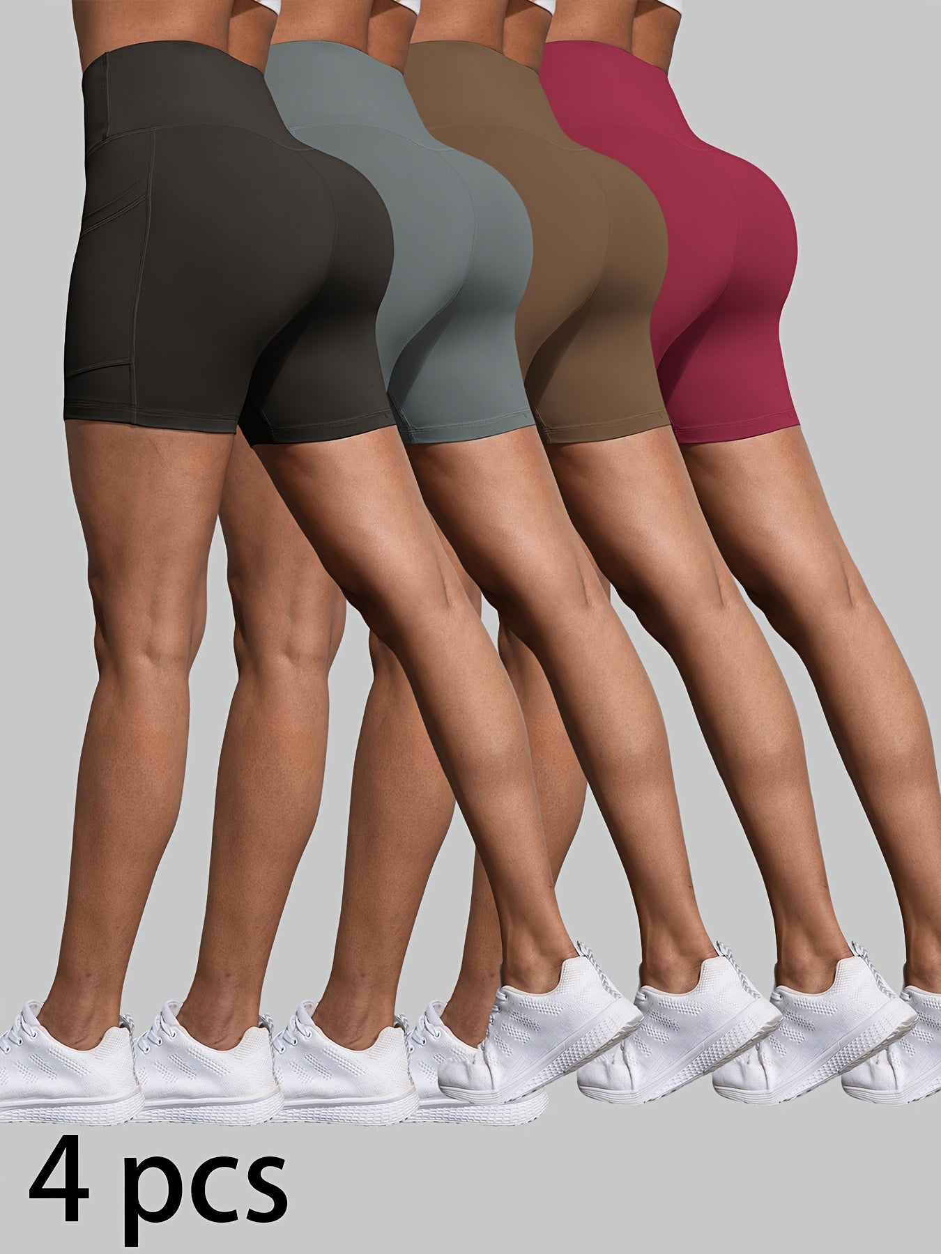 4 Pack Biker Shorts for Women with Pockets, 5" High Waisted Tummy Control Workout Yoga Running Gym Tennis Shorts