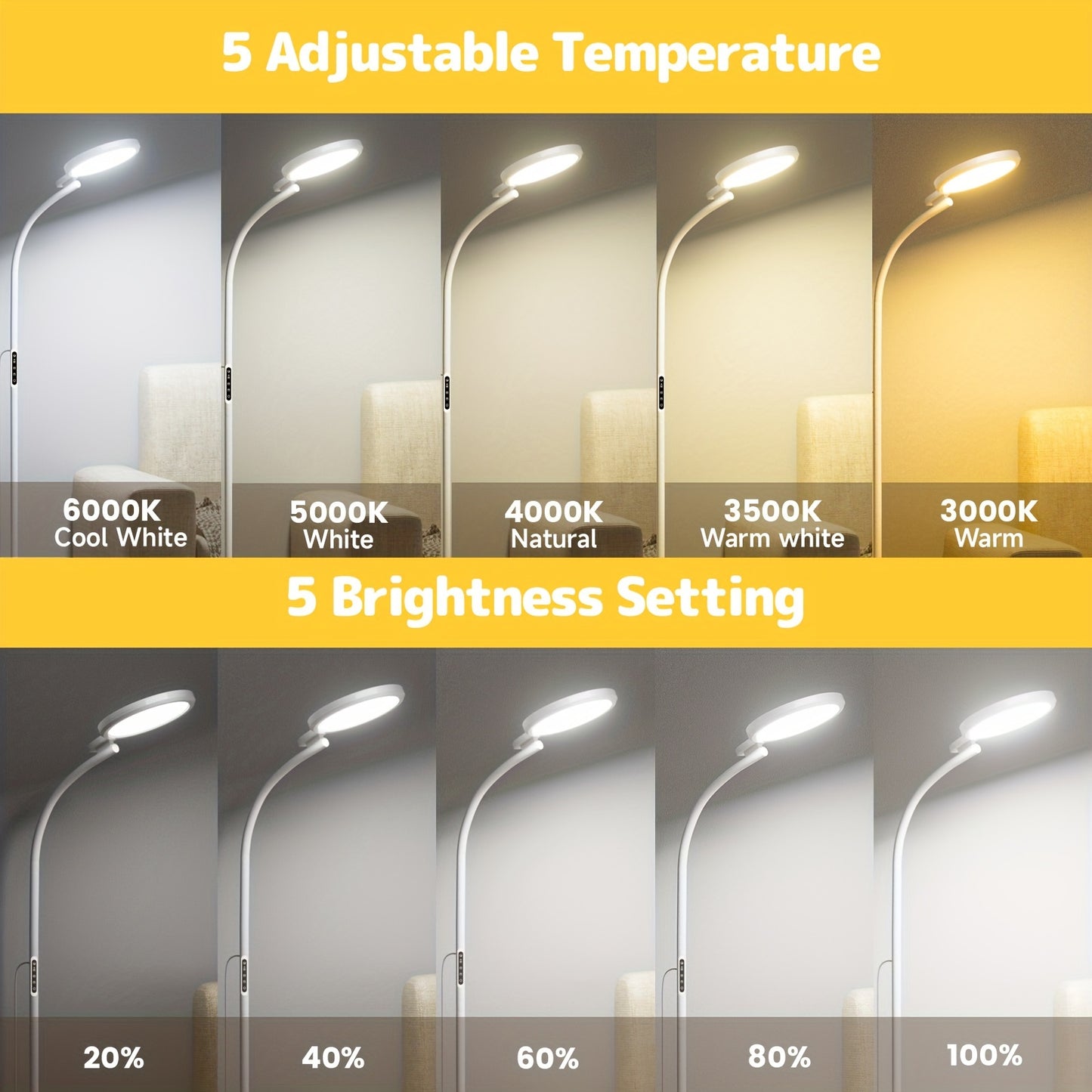 Round Floor Lamp UV Free 1000 Lumen LED Reading Light