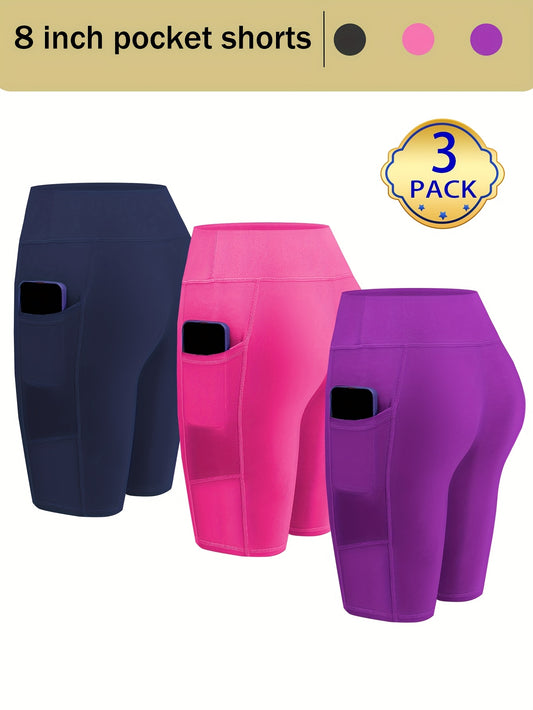 Womens 3pcs Biker Yoga Shorts with Pockets Short Leggings 8" Inseam Tummy Control High Waisted Spandex Athletic Running Workout Gym Shorts