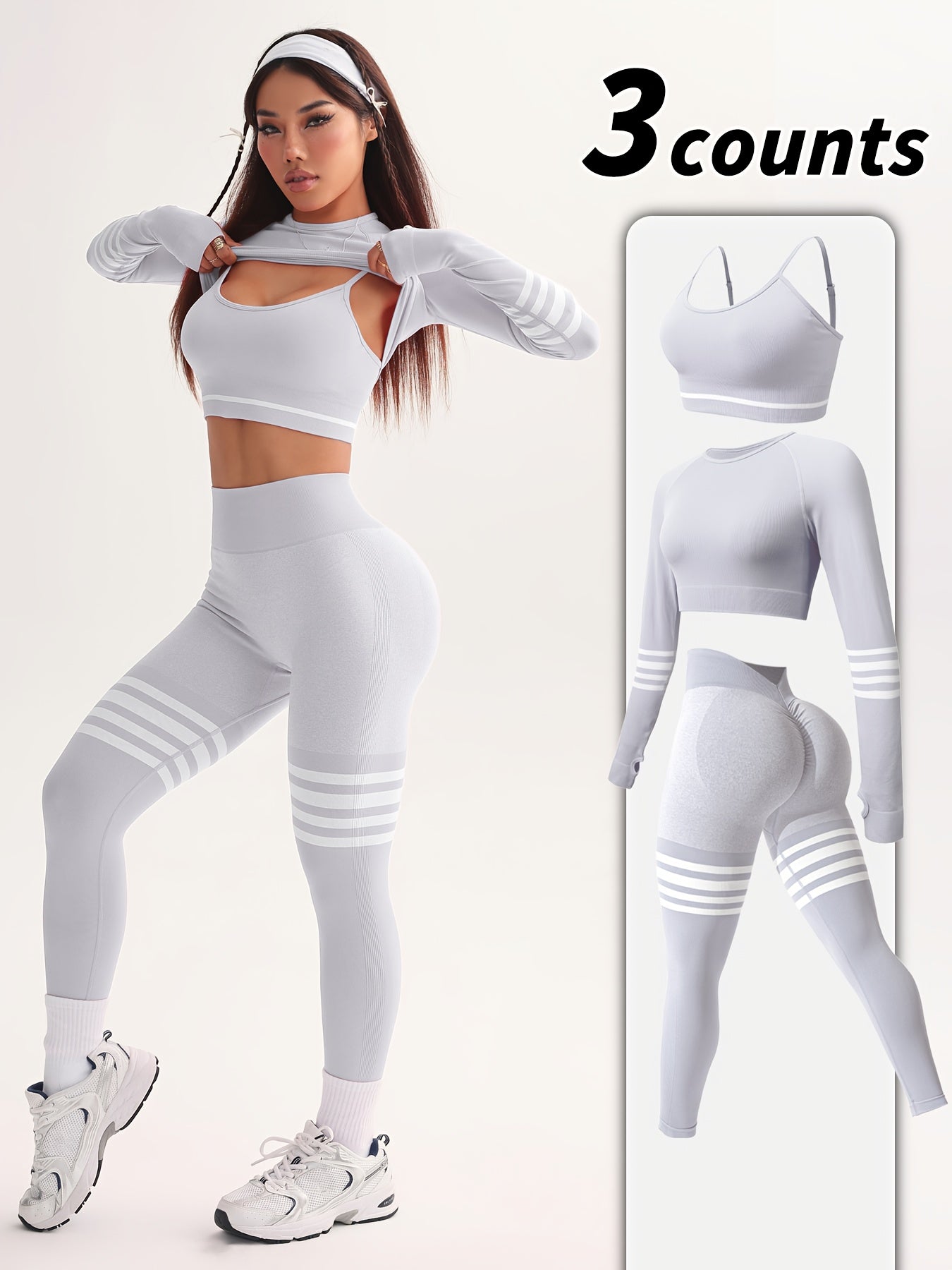3pcs Women's Full Athletic Set - Seamless Striped Quick-Dry Sports Bra, Tight-Fitting Long Sleeve Gym Pants with Moai Panel Technology | High-Elasticity Moisture-Wicking Fabric for Running, Gymnastics, Training Outfit (All-Se