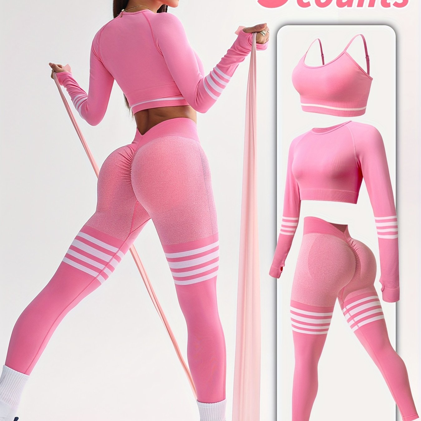 3pcs Women's Full Athletic Set - Seamless Striped Quick-Dry Sports Bra, Tight-Fitting Long Sleeve Gym Pants with Moai Panel Technology | High-Elasticity Moisture-Wicking Fabric for Running, Gymnastics, Training Outfit (All-Se