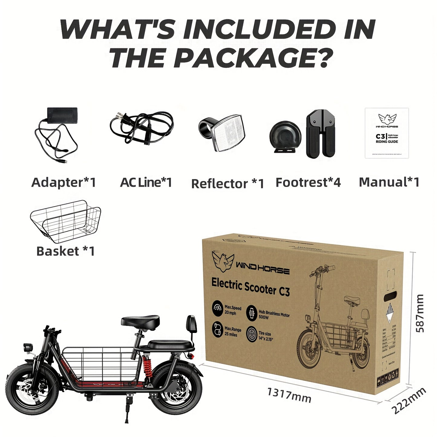 749W Peak Cargo Electric Scooter - 25 Mile Range, 20MPH, Dual Suspension, LCD Display, 330lbs Max Load, Adult Ebike with Basket & Cruise Control, Commuter Bike for Urban Travel, Black, Electric Scooter for Adults, Commuter Bi