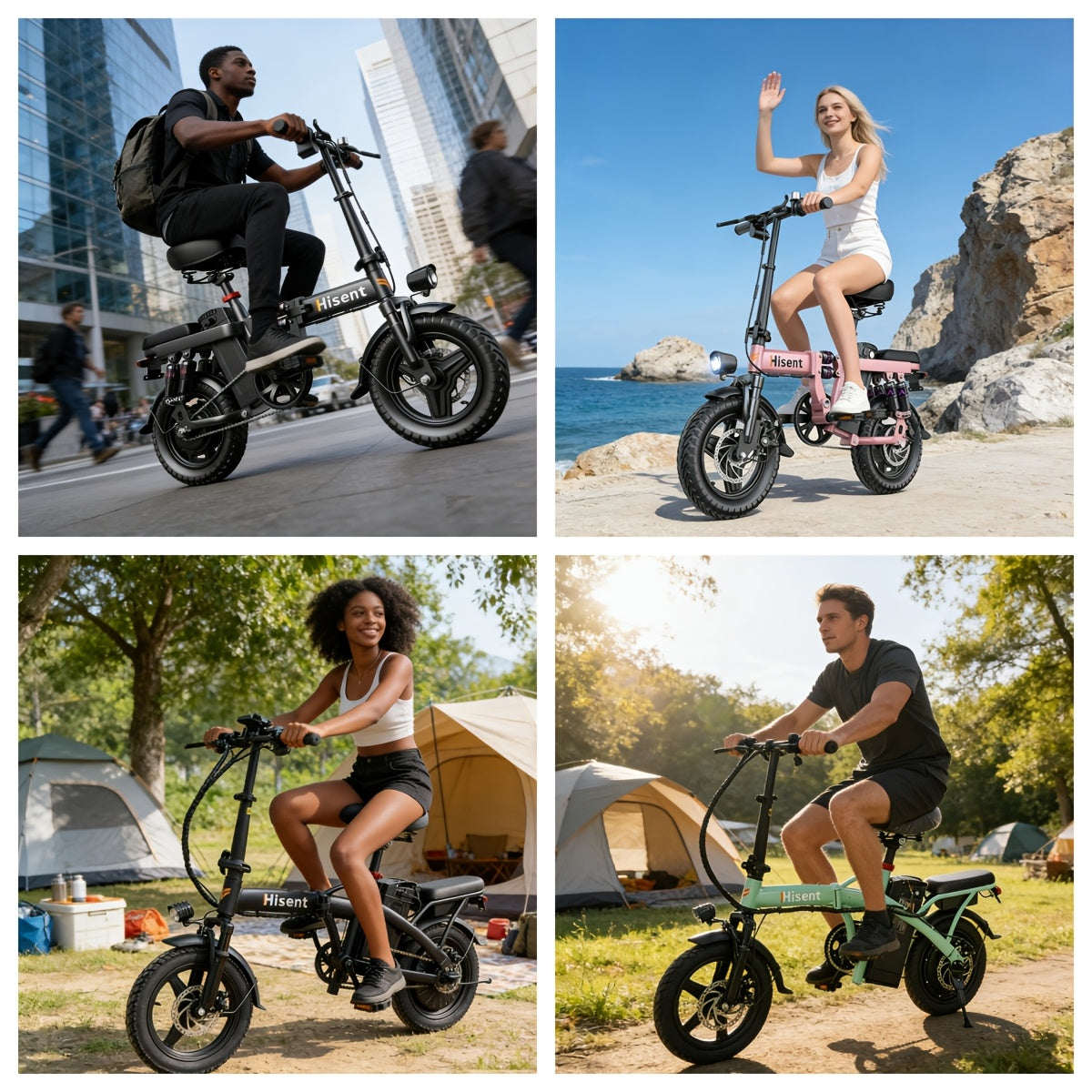 Hisent Foldable Electric Bike For Adults - Rated Power: 500W, Peak Power: 740W, Brushless Motor. Speed: 20MPH. Removable Battery: 48V 6Ah/10Ah/15Ah/17.5/20Ah. 14-inch High-quality Tires. Disc Brake + Front Suspension. LCD Scr