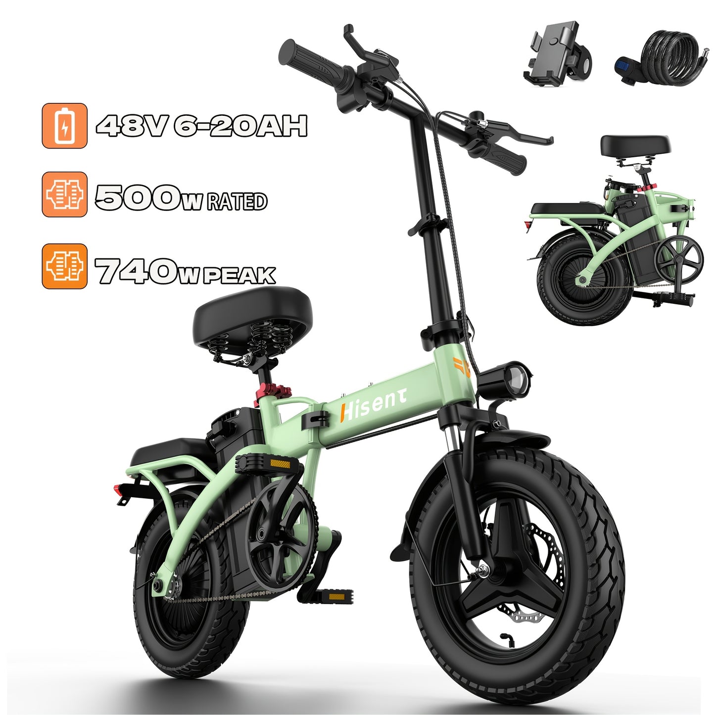 Hisent Foldable Electric Bike For Adults - Rated Power: 500W, Peak Power: 740W, Brushless Motor. Speed: 20MPH. Removable Battery: 48V 6Ah/10Ah/15Ah/17.5/20Ah. 14-inch High-quality Tires. Disc Brake + Front Suspension. LCD Scr
