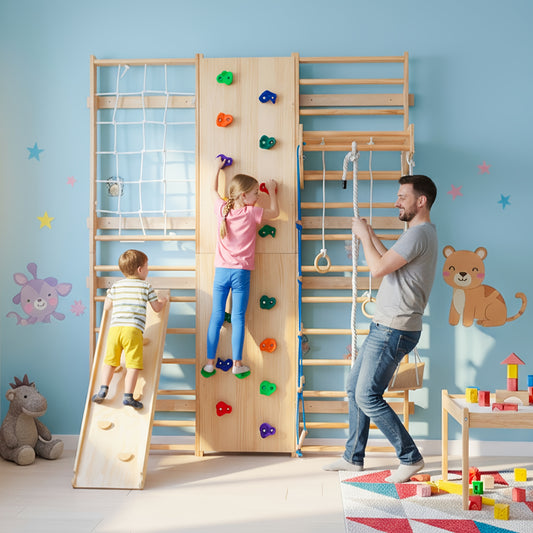 10-in-1 Solid Wood Swedish Ladder Wall Gym - All-in-One Kids & Adult Climbing Frame with Rock Wall, Gymnastics Rings, Pull-Up Bars, Slide, Swing Set | Indoor/for home Playground Equipment, Easy Assembly, Space-Saving Multi- A