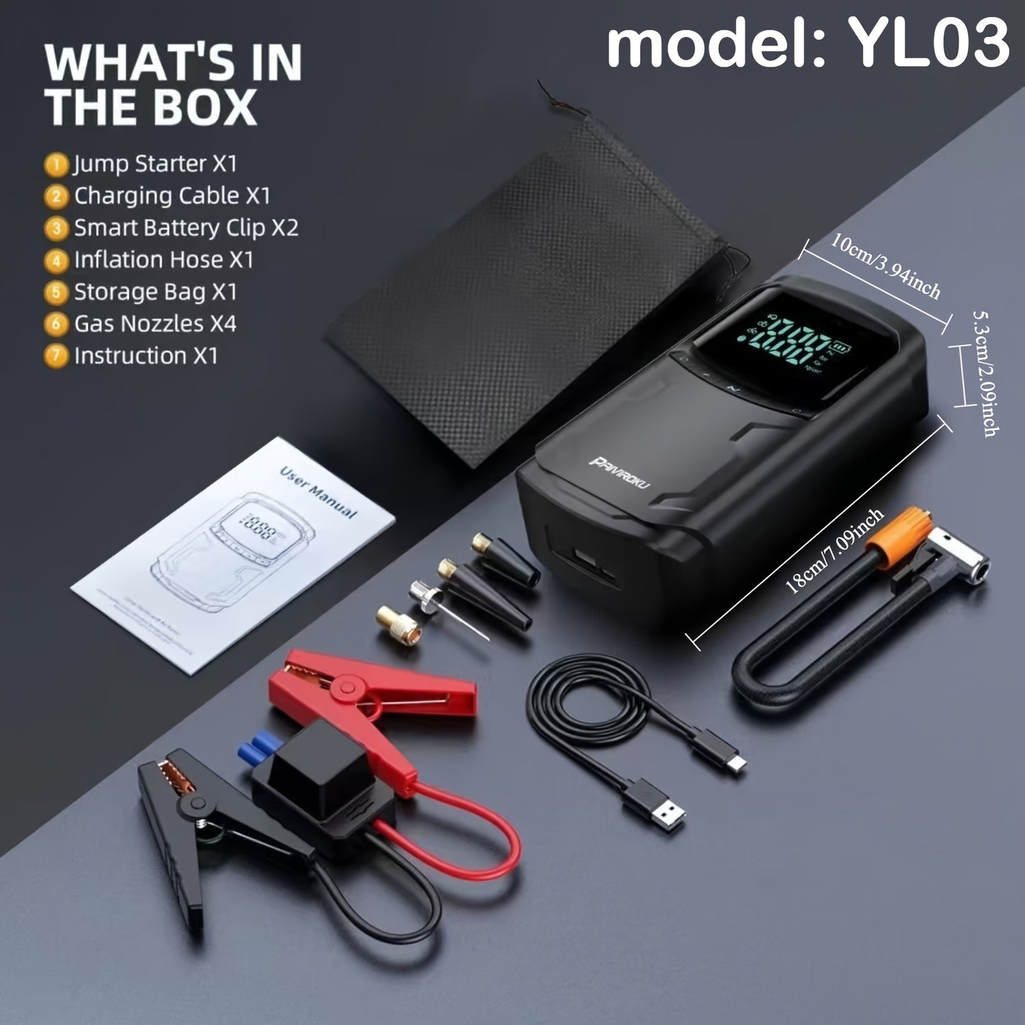 7-in-1 Portable Jump Starter with Air Compressor, 150 PSI Air Pump for Car Tires, 5000A Peak Jump Starter for Car (7.0LGas/1.59gal Diesel), LCD Display, LED Flashlight and Emergency Light, QC3.0 Fast Charging Portable Power B