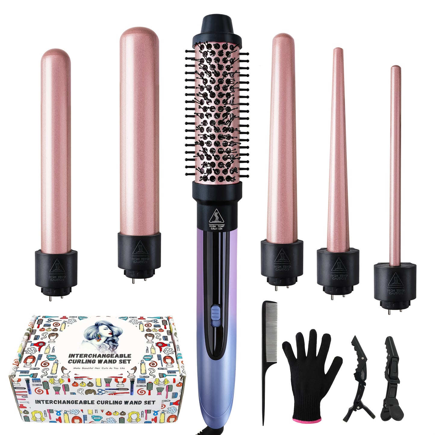 Hair Curling Wand 5in 1 Hair Curlers Iron Set 0.4" - 1.25" with 5 Ceramic Interchangeable Barrel for Long Short Hair Styling Tool for Women Gifts Birthday Christmas Thanksgiving Day New Year Festival Hairstylist Essentials St