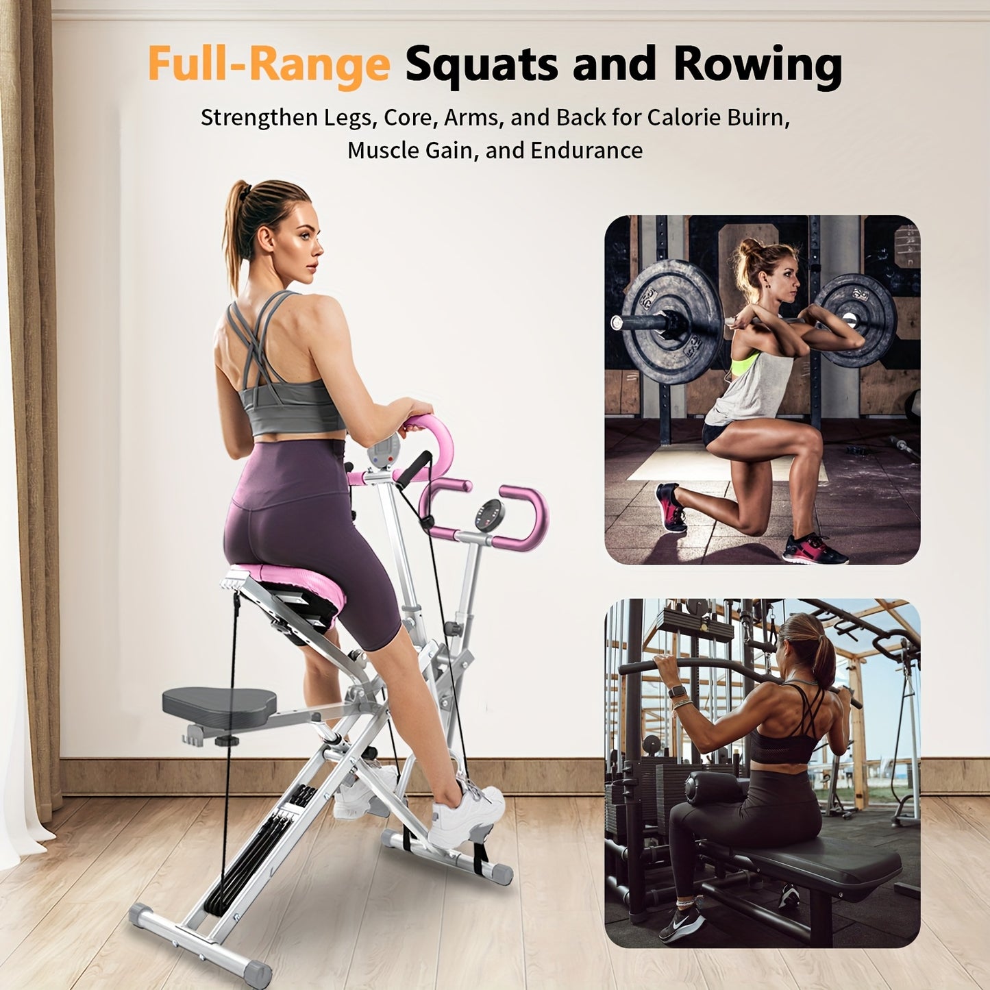 Foldable Squat & Rowing Machine for Women Suitable for Home Gym, Adjustable Resistance Deep Squat Rowing Equipment with System, 330LBS Weight Capacity, Ab/Back/Leg Workout Machine for Core Strength Training, Compact Fitness G