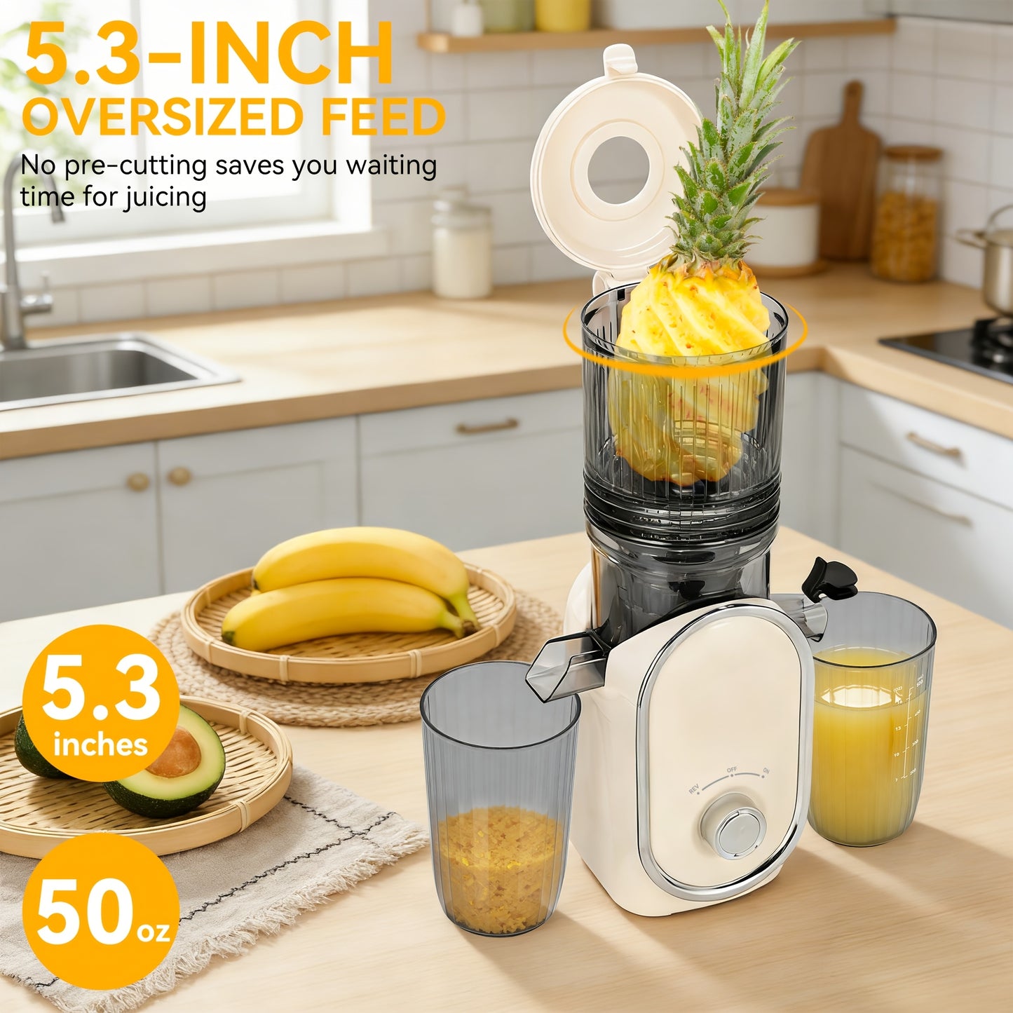 5.2" XL Wide Chute Cold Press Juicer & Blender 2-in-1 | Whole Fruit Slow Masticating Juicer, High Yield Smoothie Maker, Easy Clean, Portable Shake Blender for Healthy Kitchen, Plastic, Square Shape, Plug Powered, 110V-120V, 1