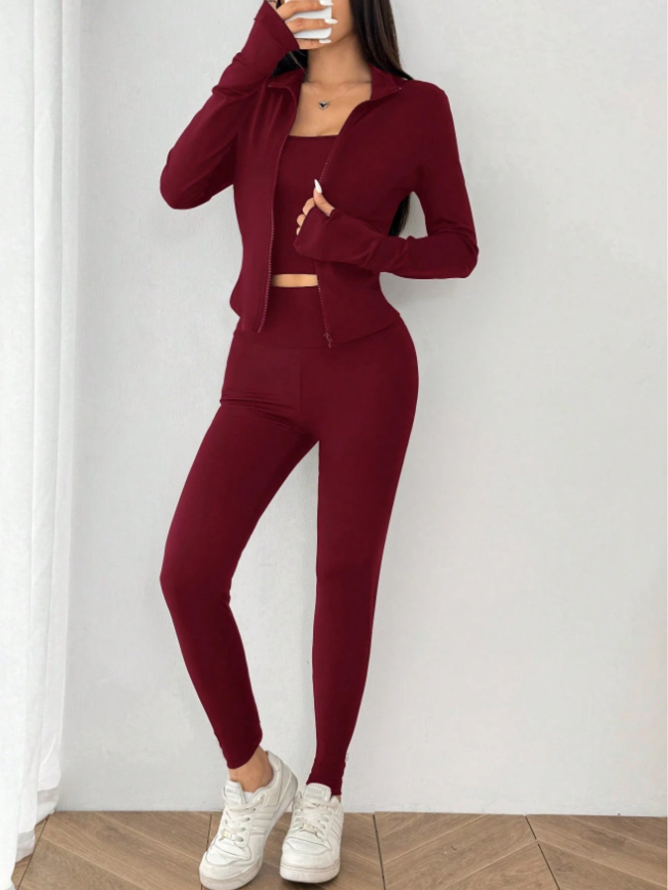Yoga Set Zip-Up Cardigan, Camisole And Leggings Polyester Blend