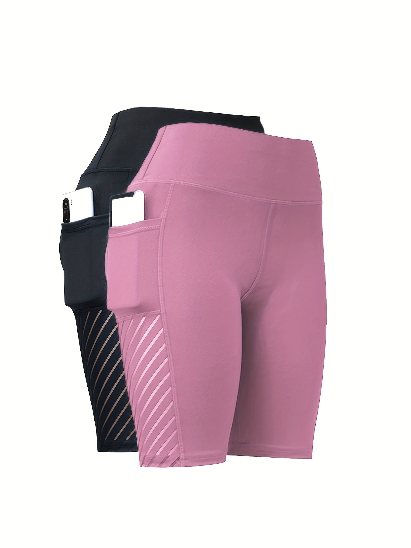 Multi-color Available, Two Pairs Of Women's High-waisted High Elastic with Pockets Yoga Shorts, Mesh Skeleton Breathable Tummy Tucking And Hip Lifting Elastic Capri Pants, Suitable for Gym Workout, Running And Leisure