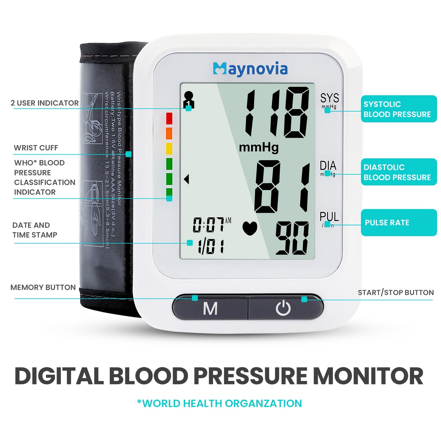 Maynovia Automatic Wrist Cuff Blood Pressure Monitors Large LED Display Hypertension Detector For Home Support 2 Users 120x2 Reading Memory With Carrying Box