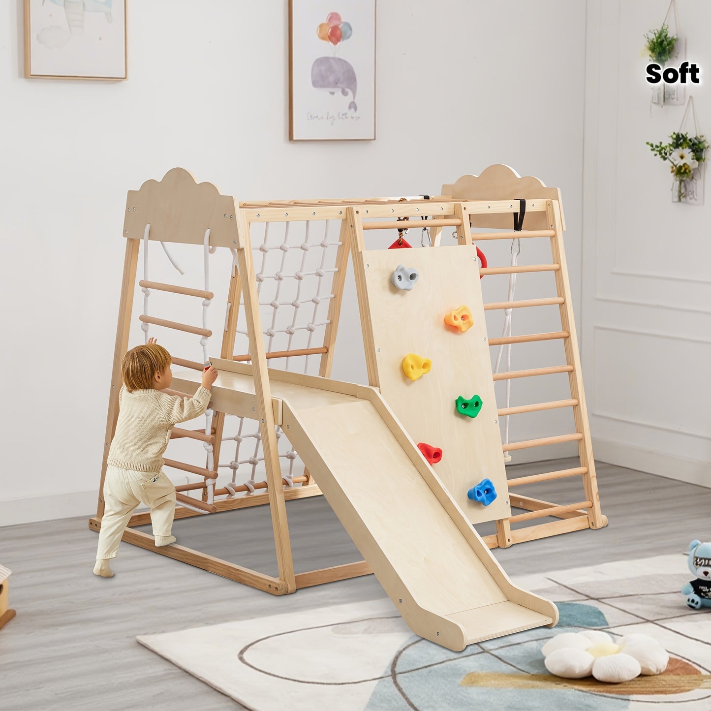 8-in-1 Indoor Jungle Gym Playset with Slide, Swing, Climbing Rocks & Net - Sturdy Wooden Construction, Soft Beige & Natural Wood Color, Multi-Level Activity Center with Ramp, Monkey Bars, Ring Toss, Storage Shelf - Safe Round