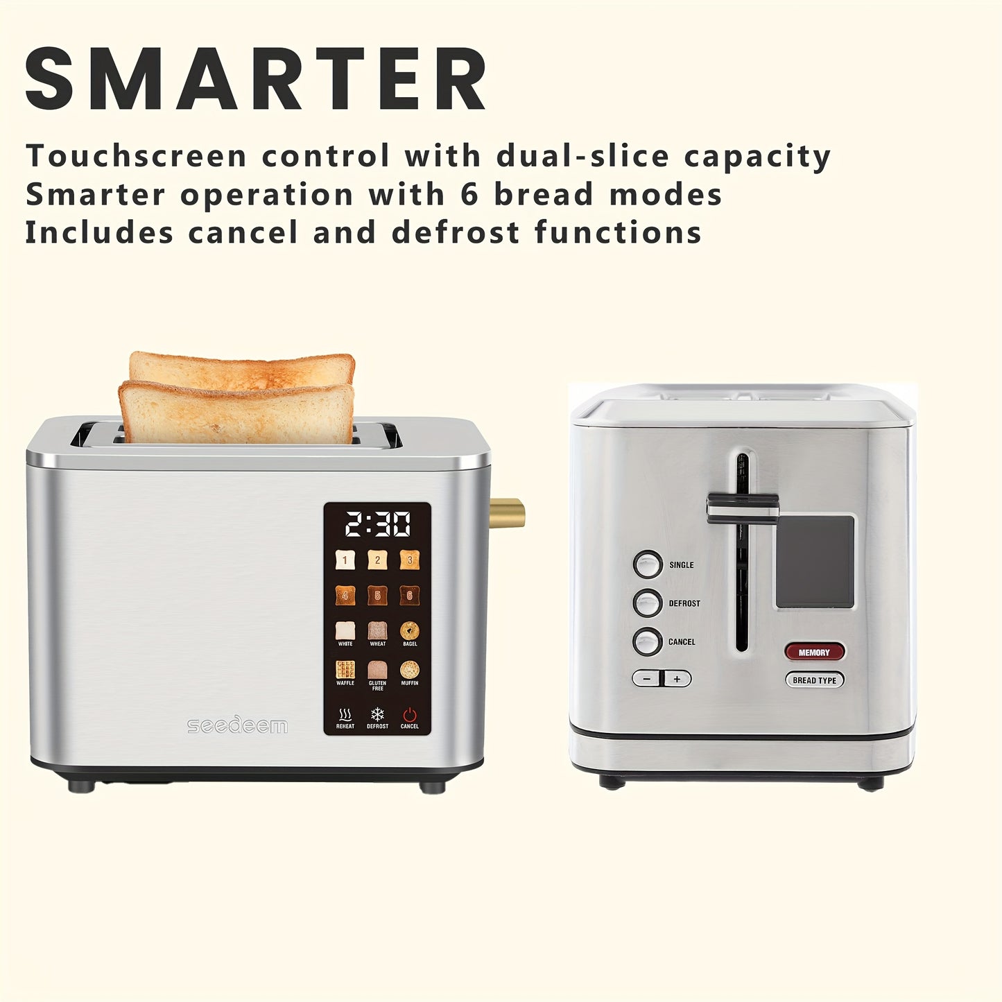 Touch Screen, Intelligent Stainless Steel 2pcs Toaster, 6 Tone Settings, 6 Bread Choices, Countdown, Unfreezing Cancellation And Other Functions, Movable Bread Crumb Tray, 900 Watts.