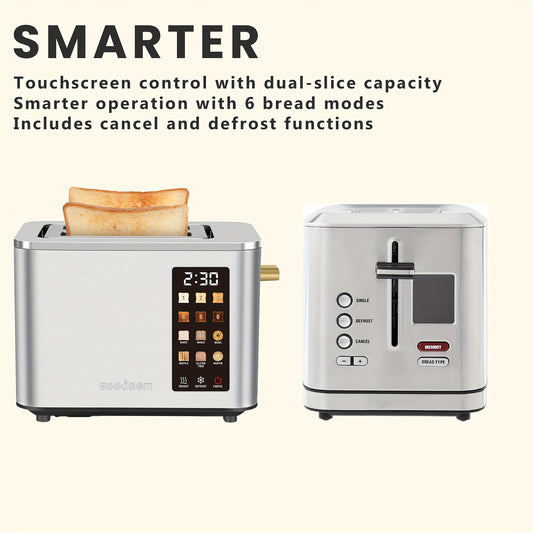 Touch Screen, Intelligent Stainless Steel 2pcs Toaster, 6 Tone Settings, 6 Bread Choices, Countdown, Unfreezing Cancellation And Other Functions, Movable Bread Crumb Tray, 900 Watts.