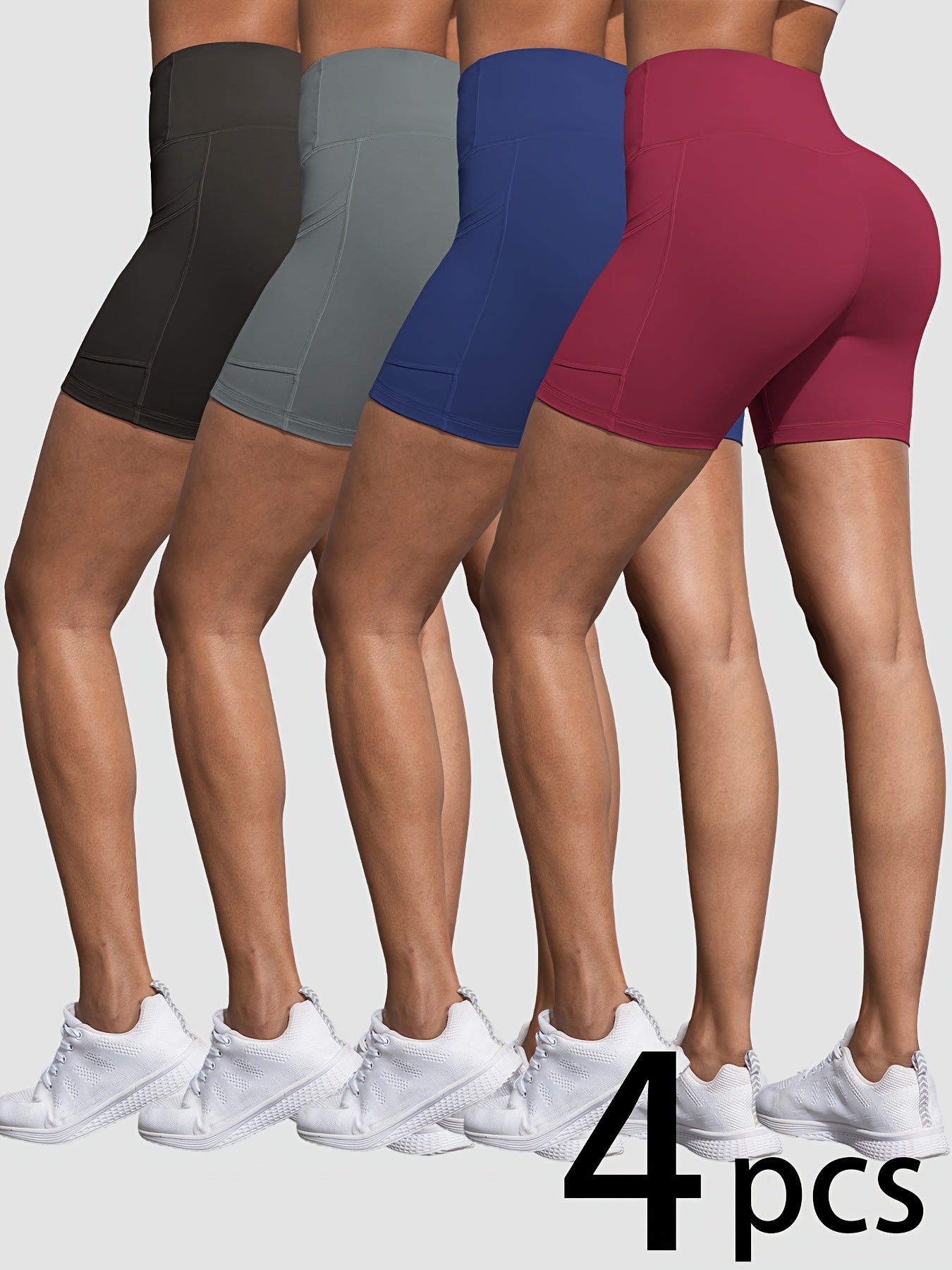 4 Pack Biker Shorts for Women with Pockets, 5" High Waisted Tummy Control Workout Yoga Running Gym Tennis Shorts