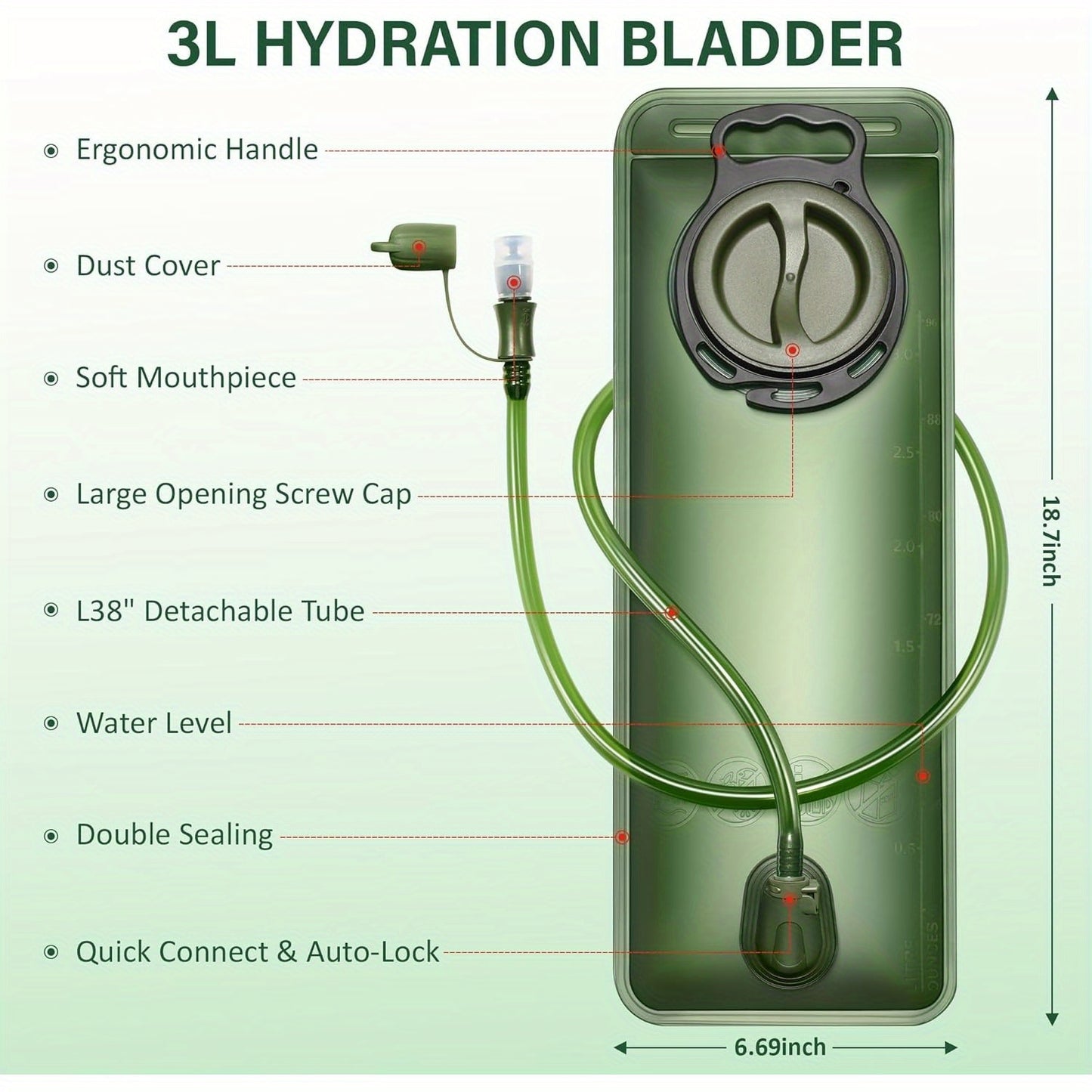 67.63oz Leak-Proof Hydration Bladder with Ergonomic Handle & Quick-Connect System - BPA-Free High-acity Water Reservoir, Large Opening Screw & Detachable Tube for Hiking, Camping, Cycling, Running Backpacks - Compatible with