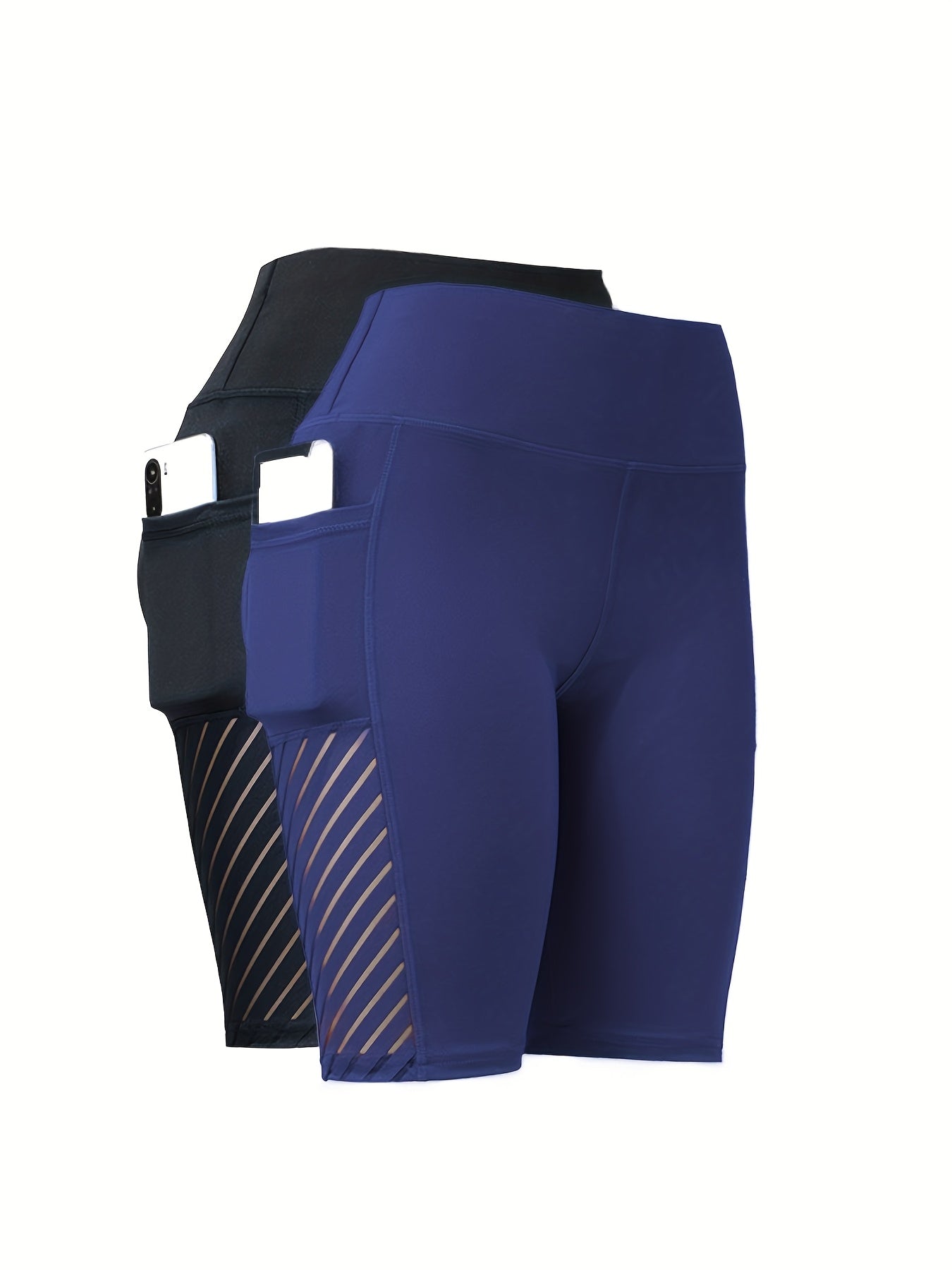 Multi-color Available, Two Pairs Of Women's High-waisted High Elastic with Pockets Yoga Shorts, Mesh Skeleton Breathable Tummy Tucking And Hip Lifting Elastic Capri Pants, Suitable for Gym Workout, Running And Leisure