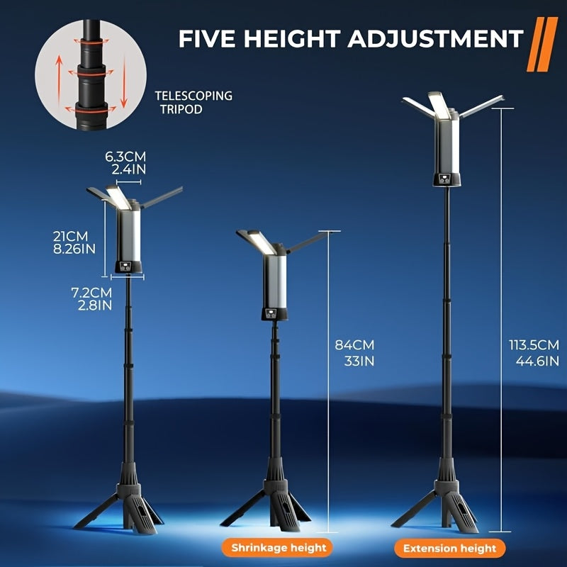Rechargeable Camping Light with Stand, 47" Cordless Work Light with 3 LED Lamp Heads, 2000LUMEN Dimmable Magnetic Emergency Flashlight with Detachable Tripod for Outdoor Indoor