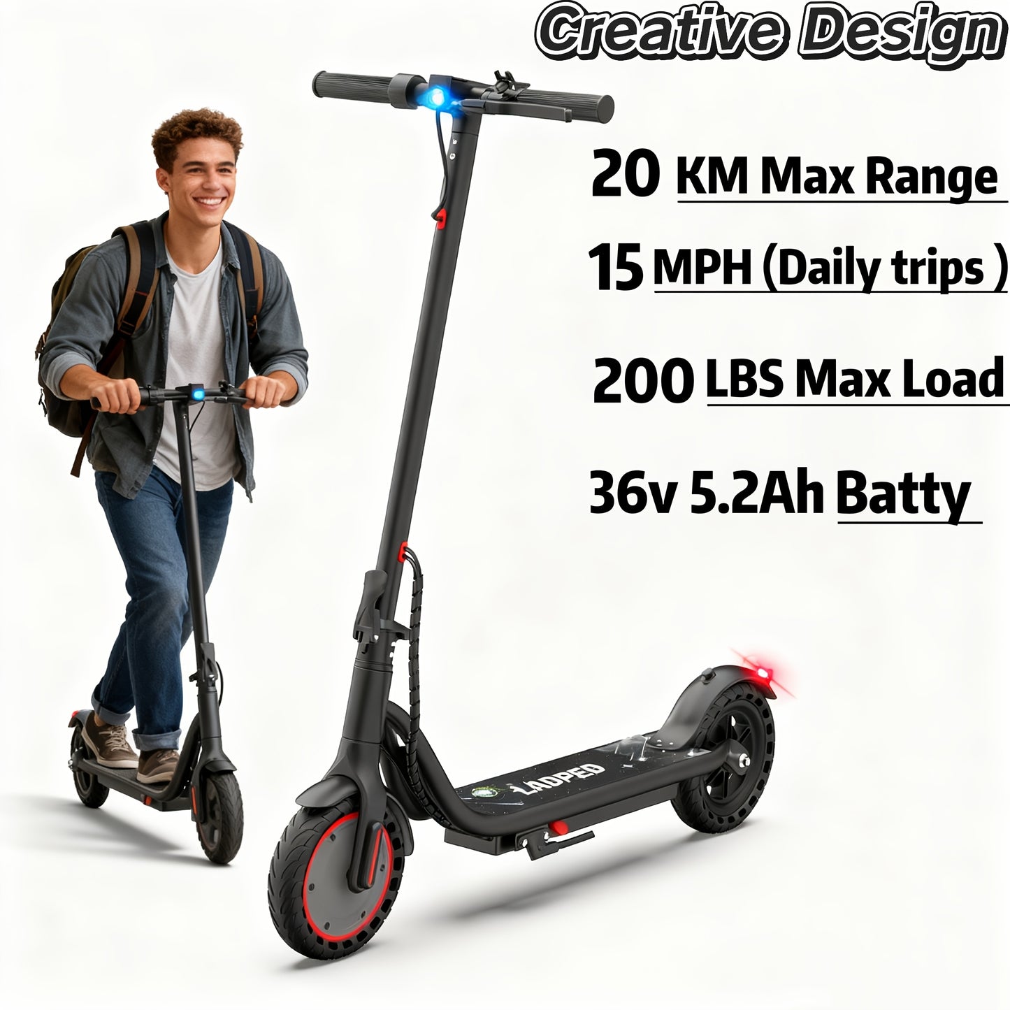 LADPED Folding Electric Scooter Long-Range Battery