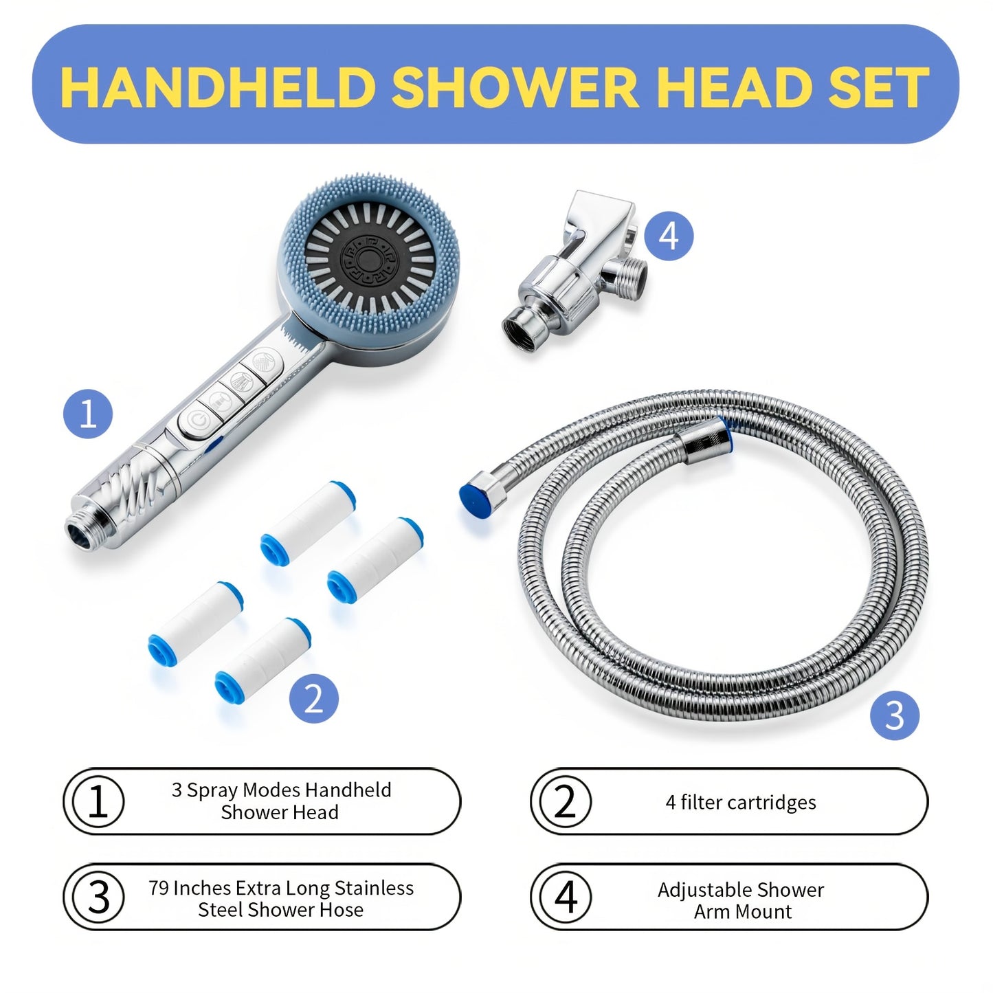 FAFUNWATERPAR Shower Head Handheld Filtered 4-Spray