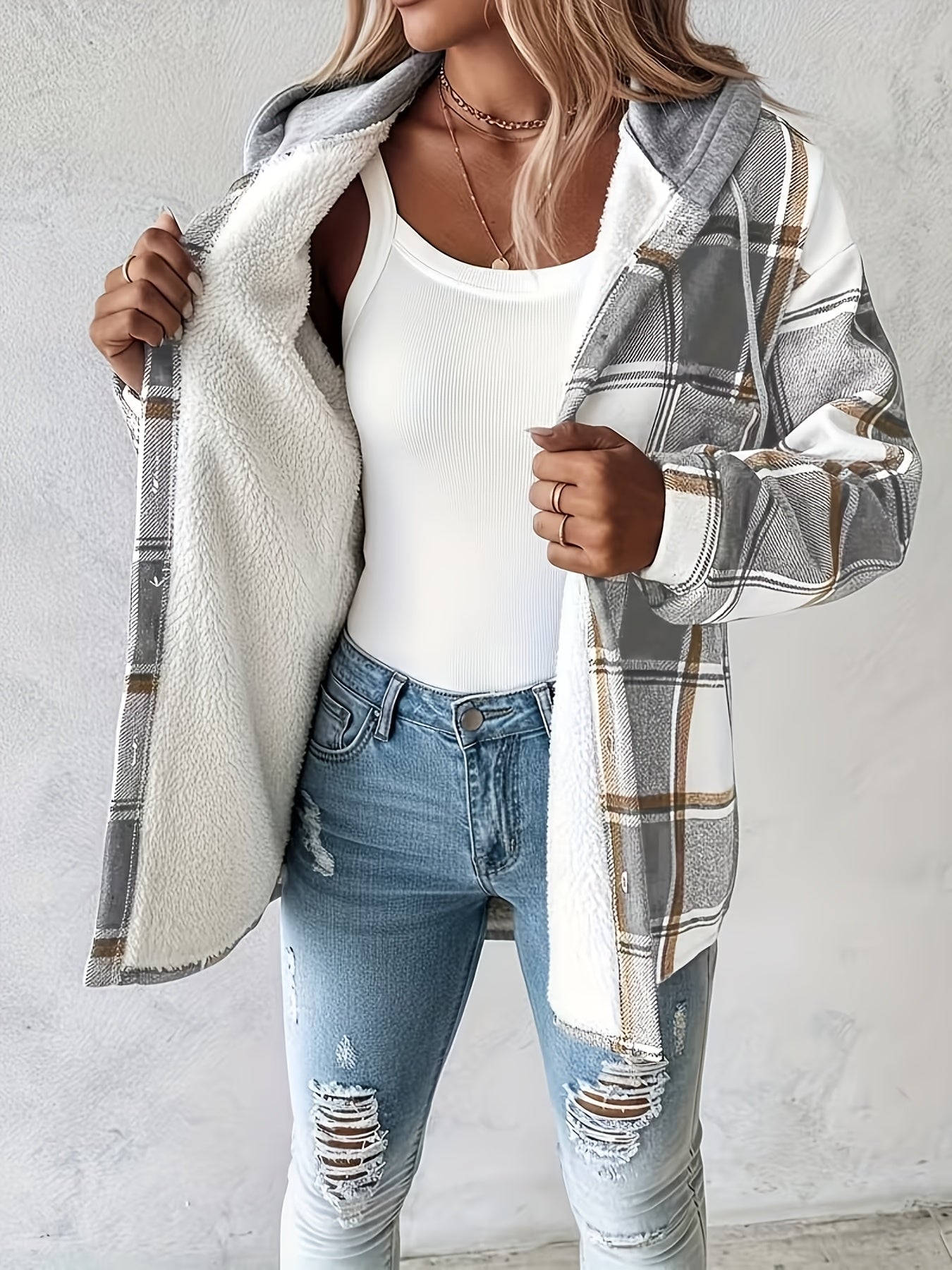 SCACTO Shacket Plaid Pattern Fleece-Lined Hooded Jacket