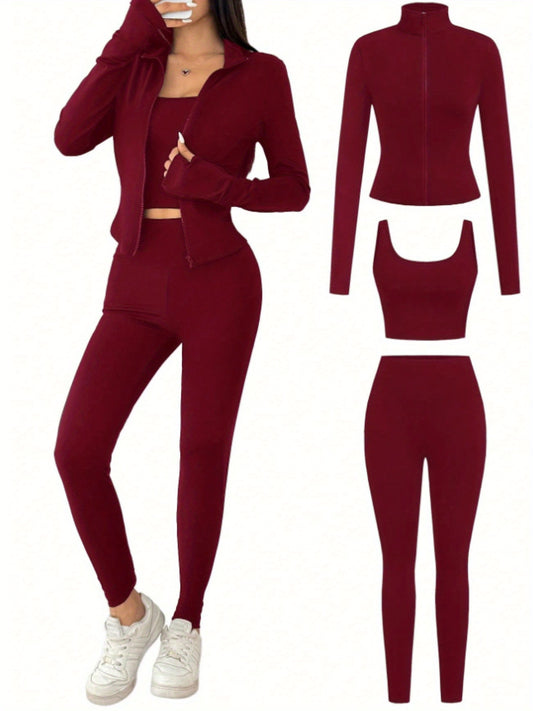Yoga Set Zip-Up Cardigan, Camisole And Leggings Polyester Blend