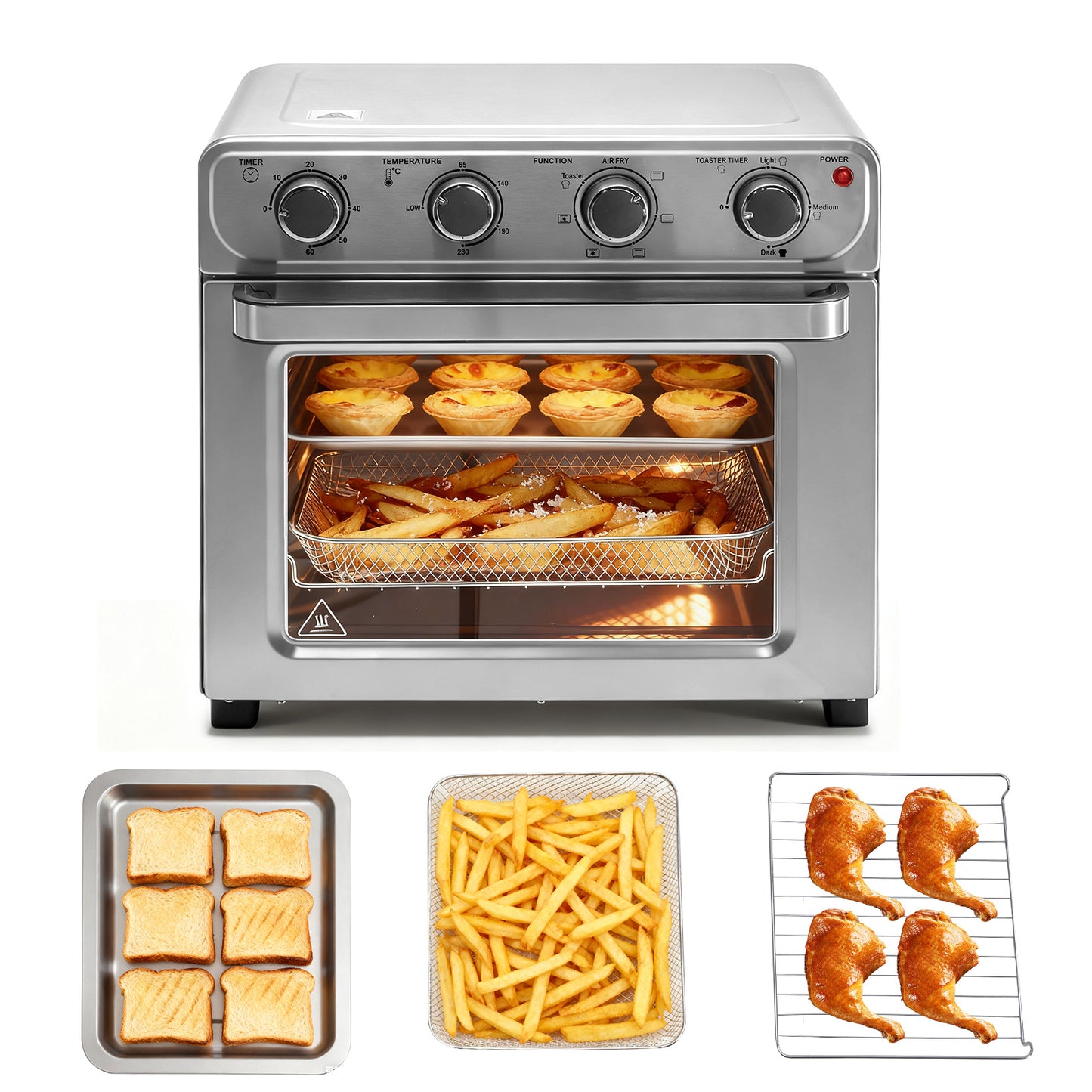 26.4QT Air Fryer 4-in-1 Convection Oven Countertop Stainless Steel Large Capacity 450°F High Temperature 4 Accessories