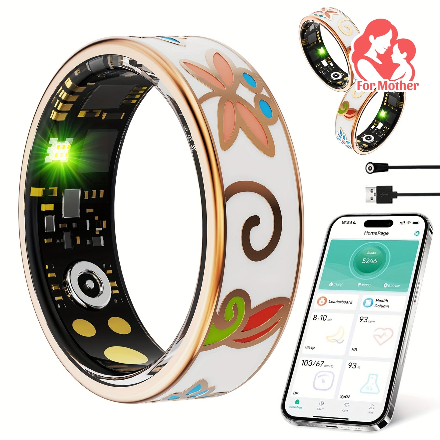 Smart Ring for Women, Health Tracker with Step Distance Calorie Monitoring, Waterproof Fitness Ring, Multiple Sports Modes Magnetic Charging Fashionable Engraving Design, Anillo Inteligente for iPhone and Android, Gift for Mo
