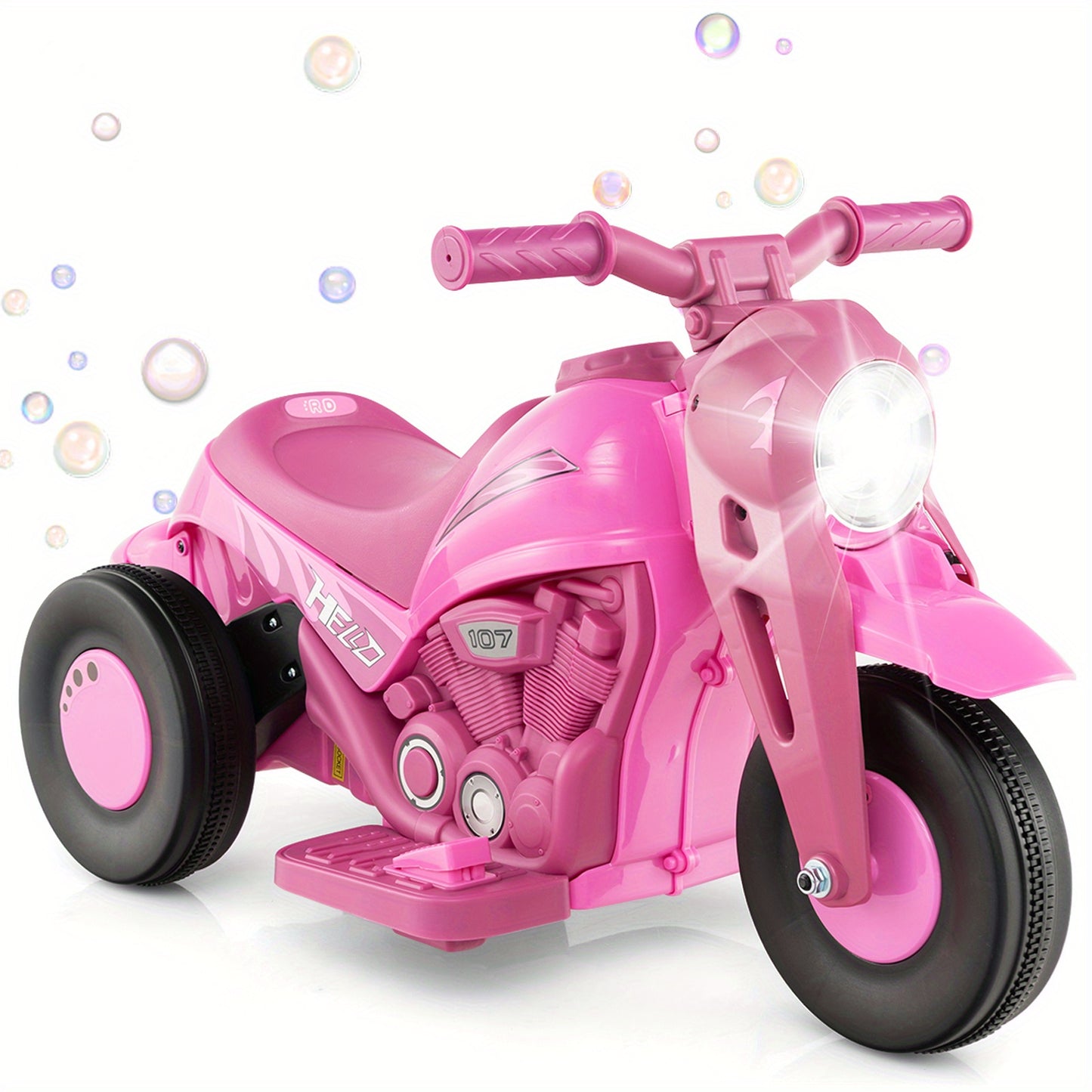 6V Electric Ride-On Bubble Car, Powered Toy Motorcycle with Bubble Function,, LED Light, 3 Wheels, Electric Motorcycle for Kids, Great Birthday Gift for Boys Girls
