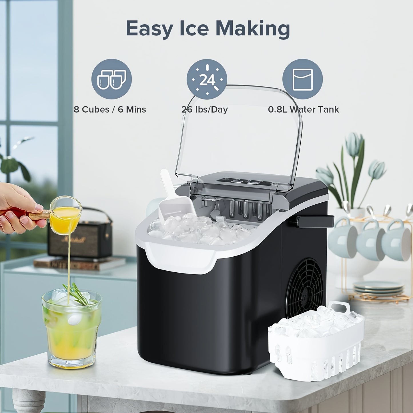 KNDKO Ice Maker, Making Ice In 8mins- Portable with Detachable Water Tank, Produces 26Lbs Ice/ Day, Self-Cleaning Function, Perfect for Home, Office, Parties.
