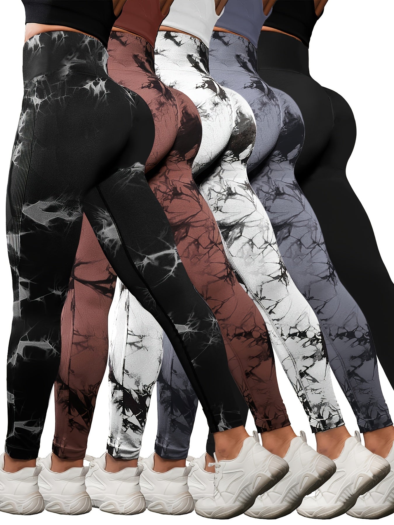 5pcs Women's High Waisted Tummy Control Workout Leggings - Full Coverage Non-Sheer Soft Athletic Pants with Opaque Fabric for Running, Yoga, Gym, Bootcamp & for all-Season Wear (Machine Washable) - Tummy Smoothing Gym Suit