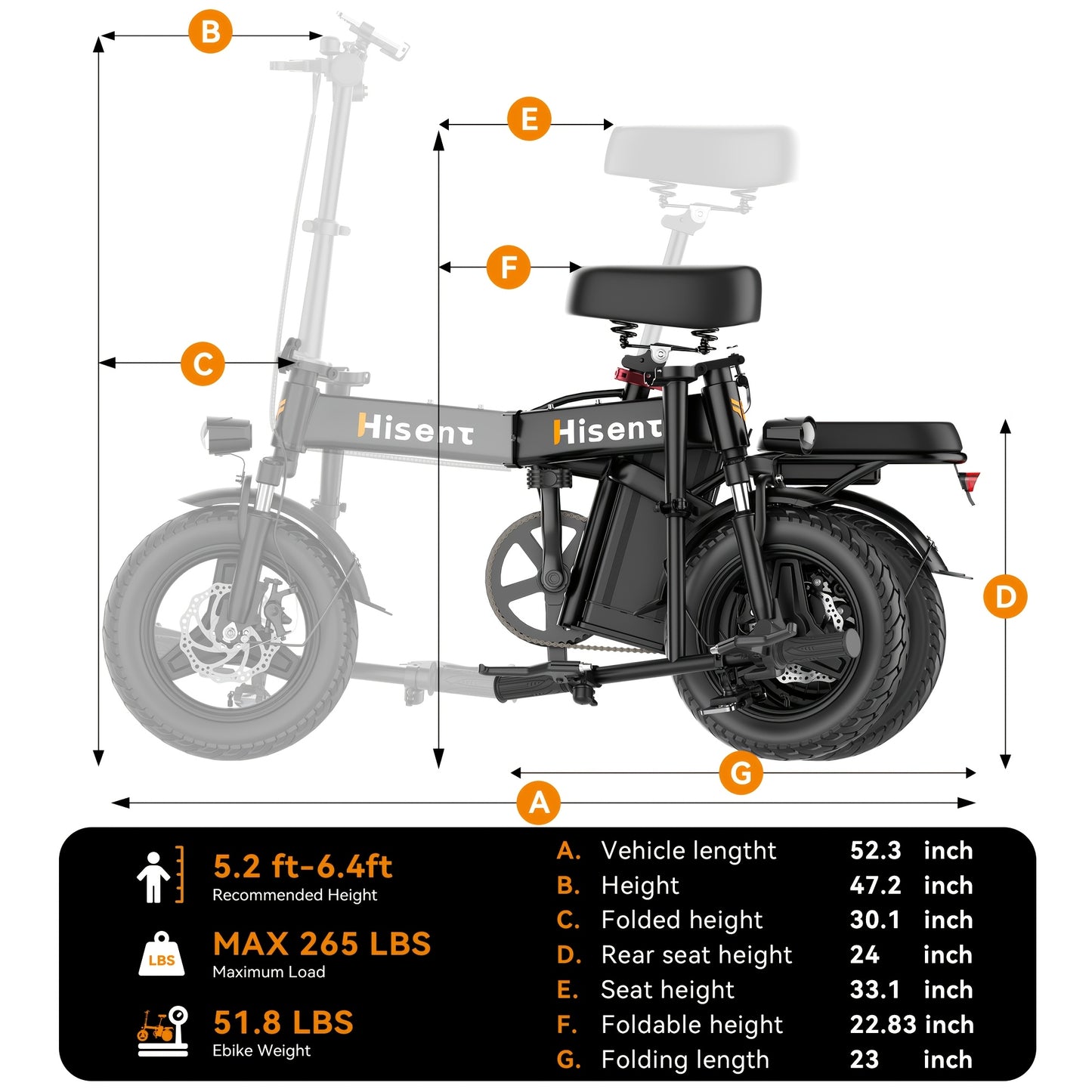 Hisent Foldable Electric Bike For Adults - Rated Power: 500W, Peak Power: 740W, Brushless Motor. Speed: 20MPH. Removable Battery: 48V 6Ah/10Ah/15Ah/17.5/20Ah. 14-inch High-quality Tires. Disc Brake + Front Suspension. LCD Scr