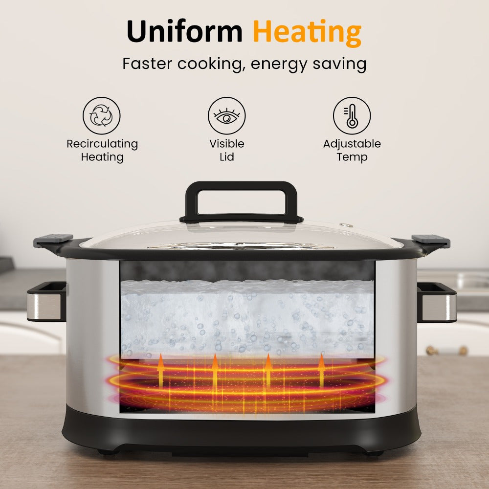 6.5QT 11-in-1 Silver Slow Cooker Digital Programmable Roaster Oven with Rack Nonstick Crock Glass Lid Timer Temp Control Delay Start for Spring Family Meals