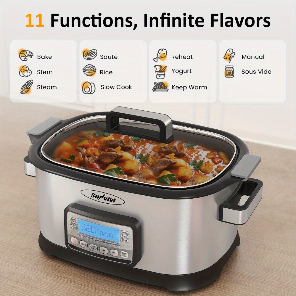 6.5QT 11-in-1 Silver Slow Cooker Digital Programmable Roaster Oven with Rack Nonstick Crock Glass Lid Timer Temp Control Delay Start for Spring Family Meals