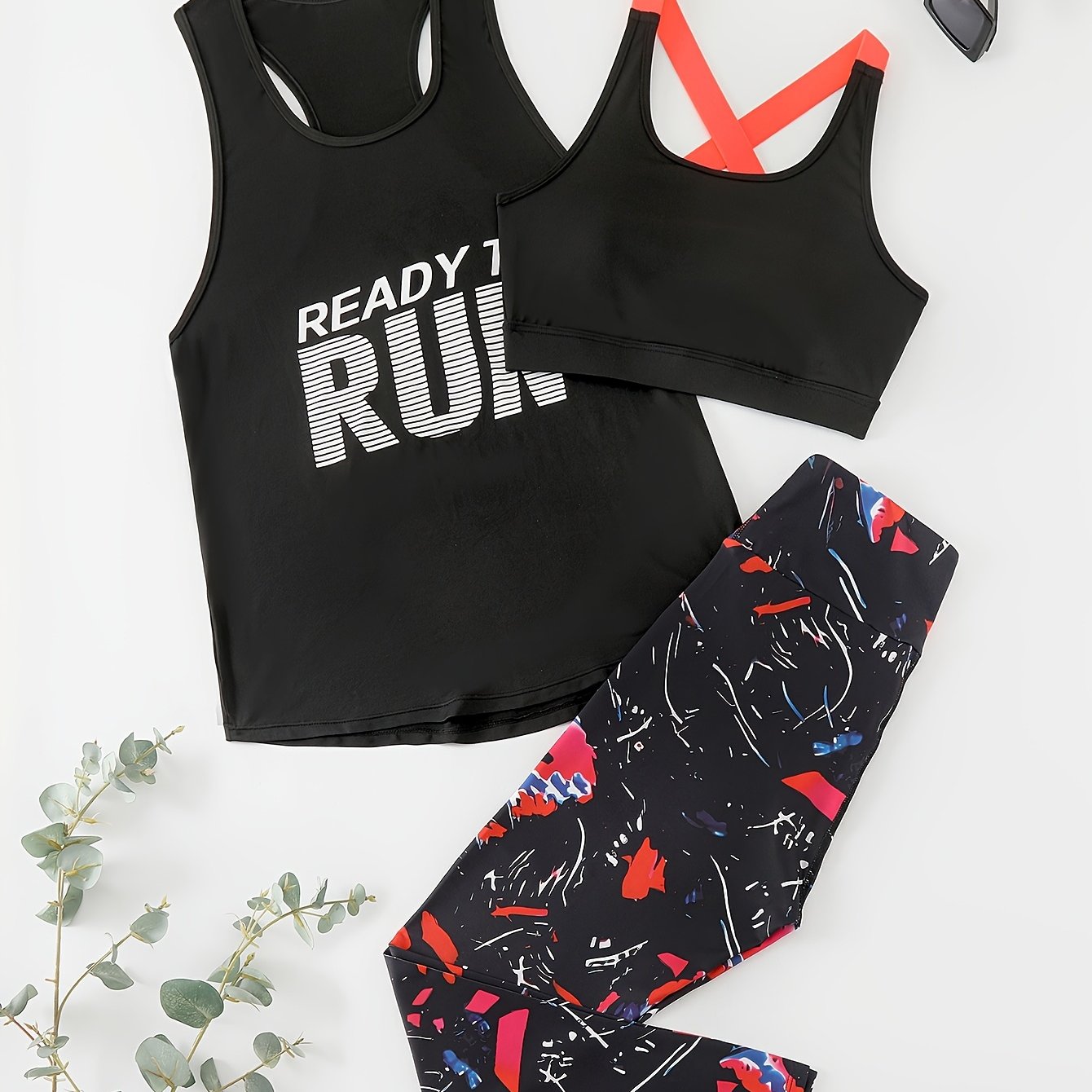 [Breathable Women's Set] 3pcs Women's Set | Breathable Bra, Stretchy Top & High Waist Leggings Outfit