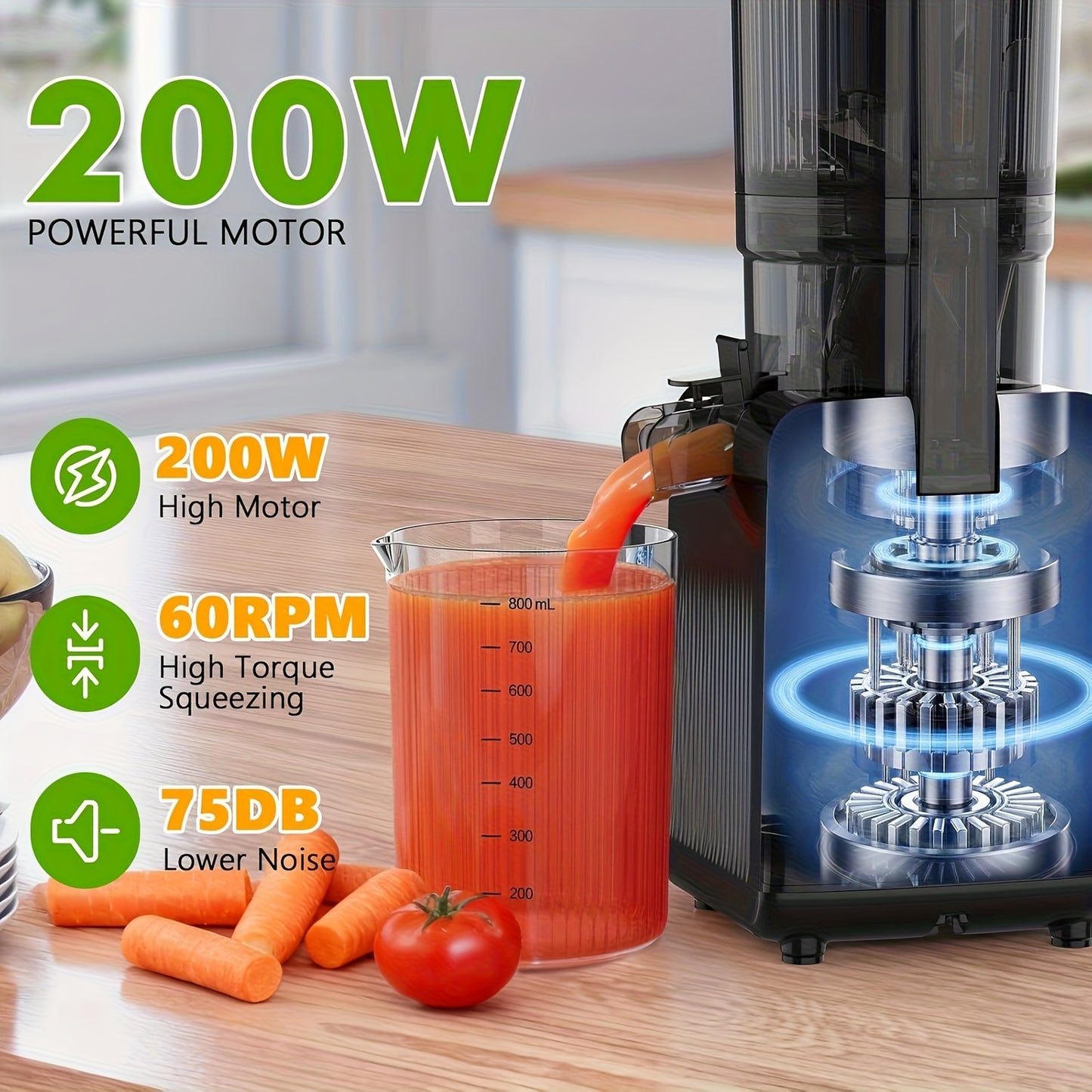 Cold Press Juicer, Large Feed Chute Juice High Juice Yield with Slow Masticating Juicer for Whole Vegetables & Fruits, Easy Assemble & Cleaning
