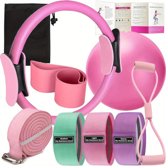 Pilates Set -Home Pilates Equipment for Women Kit with Circle Pilates Ring and Ball Set, Resistance Bands, Massage Balls, Exercise Bands for Toning, Flexibility Core Strength