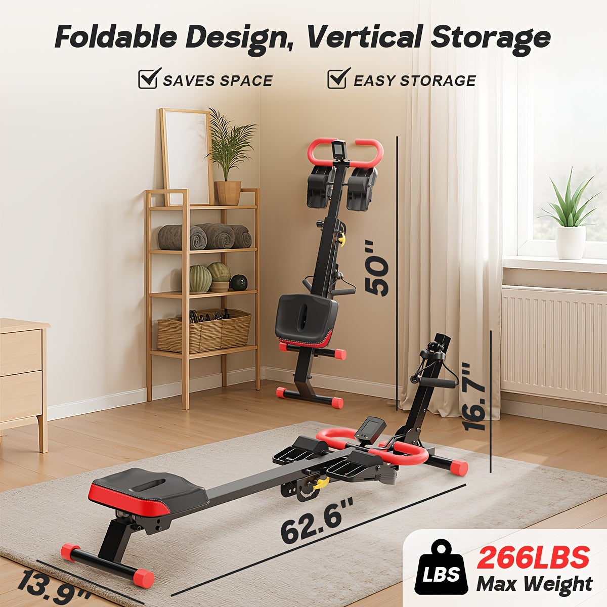 WARMOUNTS Rowing Machine, 4-in-1 Foldable for Home Gym, 2-Level Adjustable Resistance, 4 Adjustable Handle Heights, LCD Monitor, 260 lbs Capacity, Without Battery