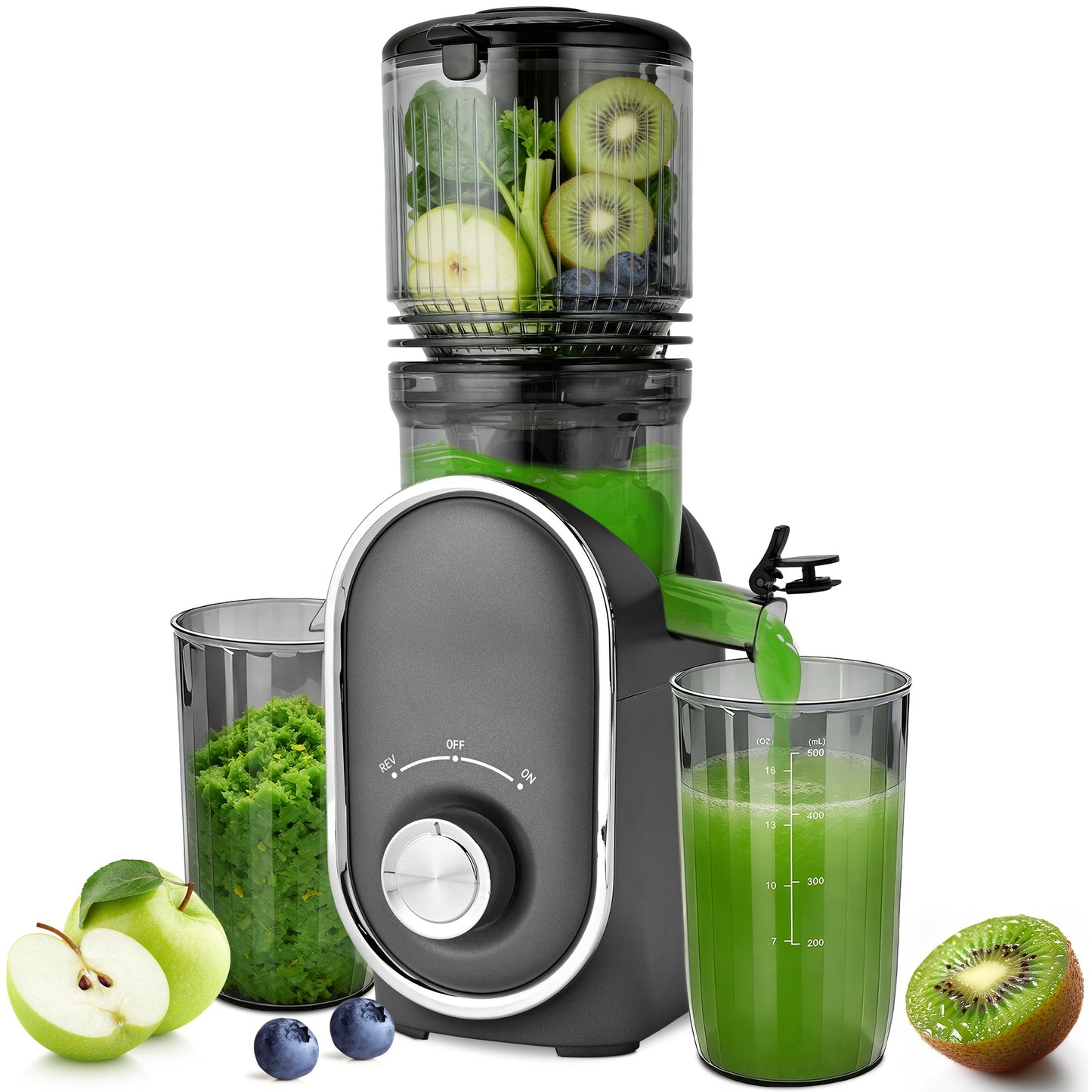 5.2" XL Wide Chute Cold Press Juicer & Blender 2-in-1 | Whole Fruit Slow Masticating Juicer, High Yield Smoothie Maker, Easy Clean, Portable Shake Blender for Healthy Kitchen, Plastic, Square Shape, Plug Powered, 110V-120V, 1