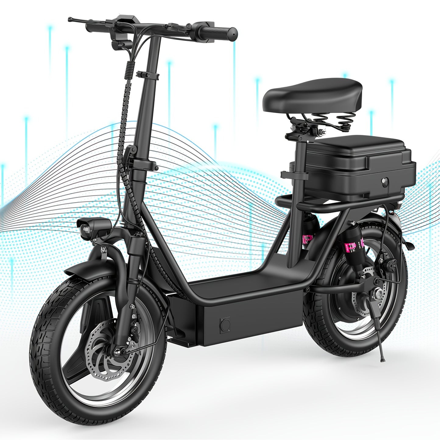 Electric Scooter for Adults Featuring a 650W/350W Peak Motor, Capable of Covering Distances of 21 to 30 Miles. It Includes a Seat, Box, And Basket, Along with Disc Brakes. The Scooter Operates on a 48V 15A Or 36V 7.5A System